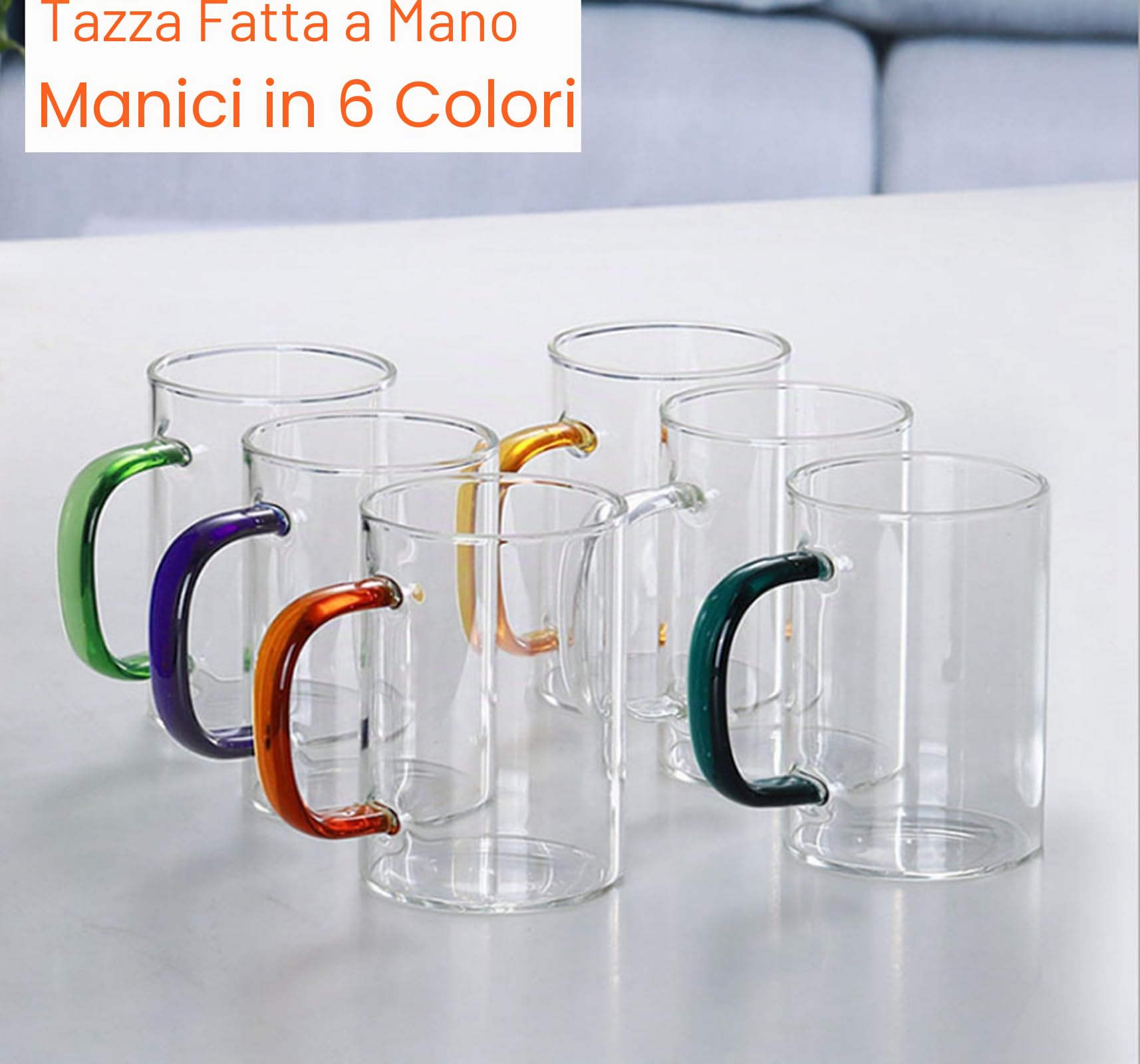 Bicchieri da caffè trasparenti, 315ml, bicchieri da bere con manico colorato, tazze da caffè resistenti al calore, bicchieri per latte macchiato, tazze da tè, per feste e ristoranti, set da 6