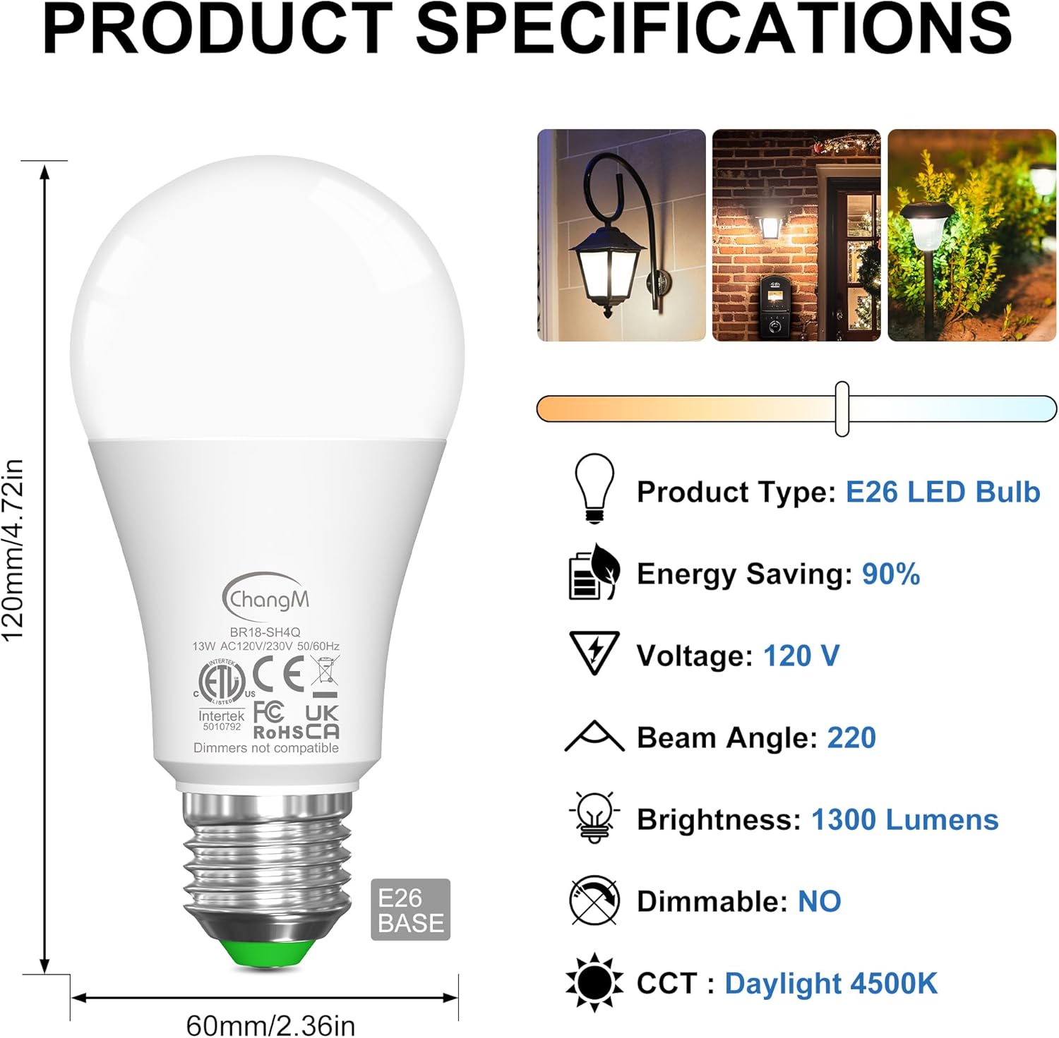 ChangM Dusk to Dawn Light Bulbs Outdoor Automatic On/Off Sensor LED Bulbs, Outdoor Lighting 13W(130 Watt Equivalent) LED Light Bulbs, 1300LM, A19 E26 Bulb, Daylight 4500K, 4 Pack