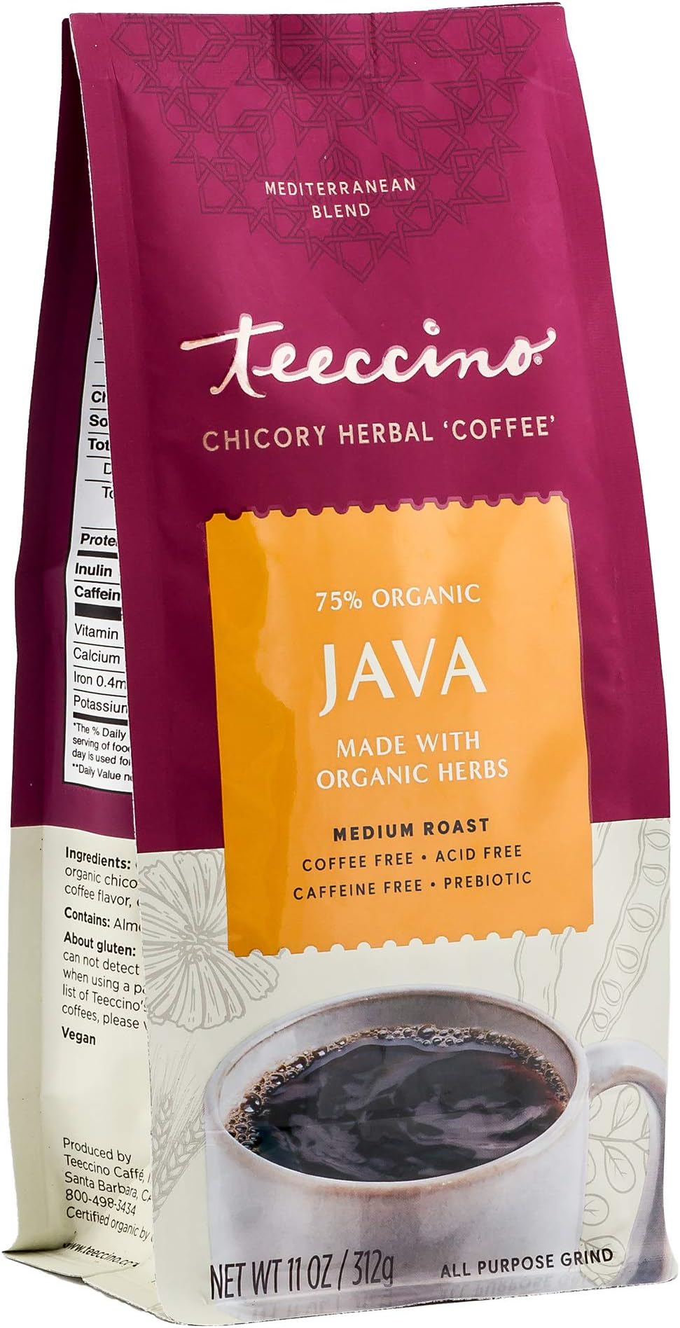 Teeccino Java Chicory Herbal Coffee Alternative, Caffeine-free, Acid-free, Coffee Substitute, Prebiotic, 11oz