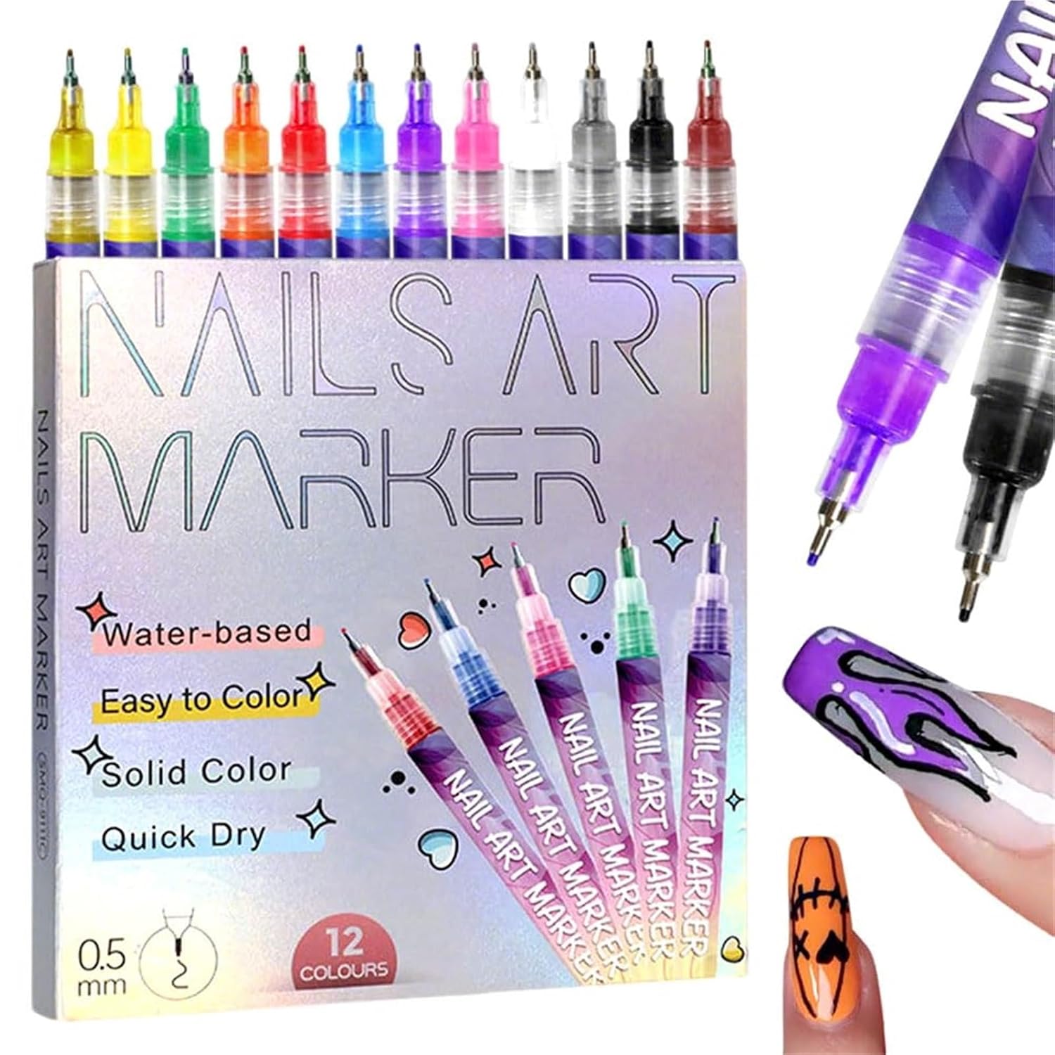 12 Colors Nail Art Pens Set, Fine Tip Nail Art Pen 0.5mm,Nail Point Graffiti Dotting Drawing Painting Liner Pen Waterproof and Quick-drying Nail (12 Colors)