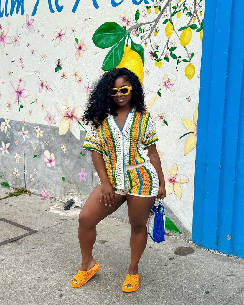 VOIKERDR Crochet Two Piece Short Set for Women Hollow Out Striped Shirt and Shorts Sexy Summer Outfits - Image 6