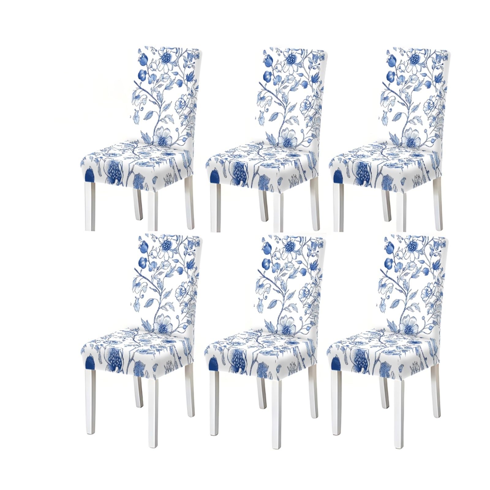 KXUAUV Blue White Floral Chair Covers Set Of 2/4/6, Stretch Dining Chair Slipcovers, Toile Chinoiserie Farmhouse Decor Seat Protectors for Restaurant Hotel Party(6PCSChair cover)