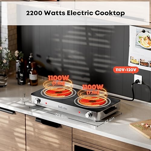 Miniatura 2 de Placa de cocina eléctrica, quemador infrarrojo dual de 2200 vatios, placa eléctrica de 2 quemadores para cocinar, encimera de control de perilla y