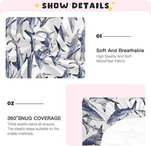 Miniatura 5 de Kigai Sábana bajera ajustable para cuna para niños y niñas, sábana de punto vintage de tiburones para colchones estándar de cuna y cama de niños