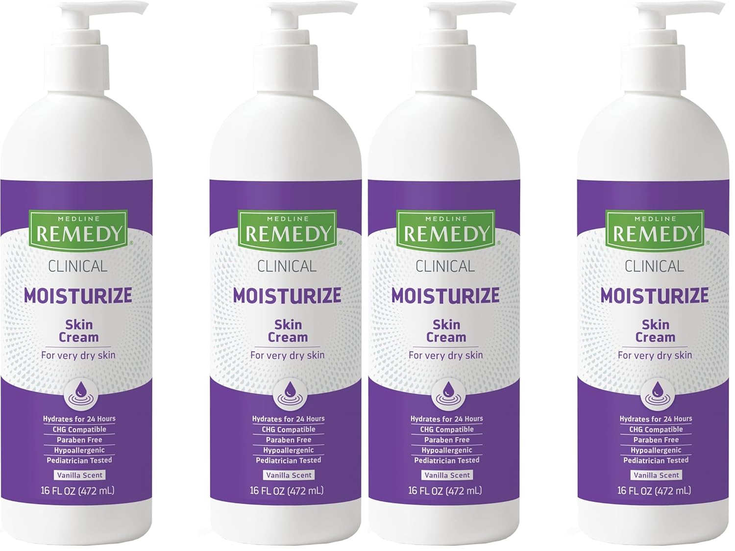 Medline Remedy Clinical Skin Cream,Vanilla Scent (16 fl oz),Moisturizing Face and Body Cream for All Ages,Paraben & Sulfate Free,Quick Absorbent Formula,Hypoallergenic Skin Moisturizer,(Pack of 4)
