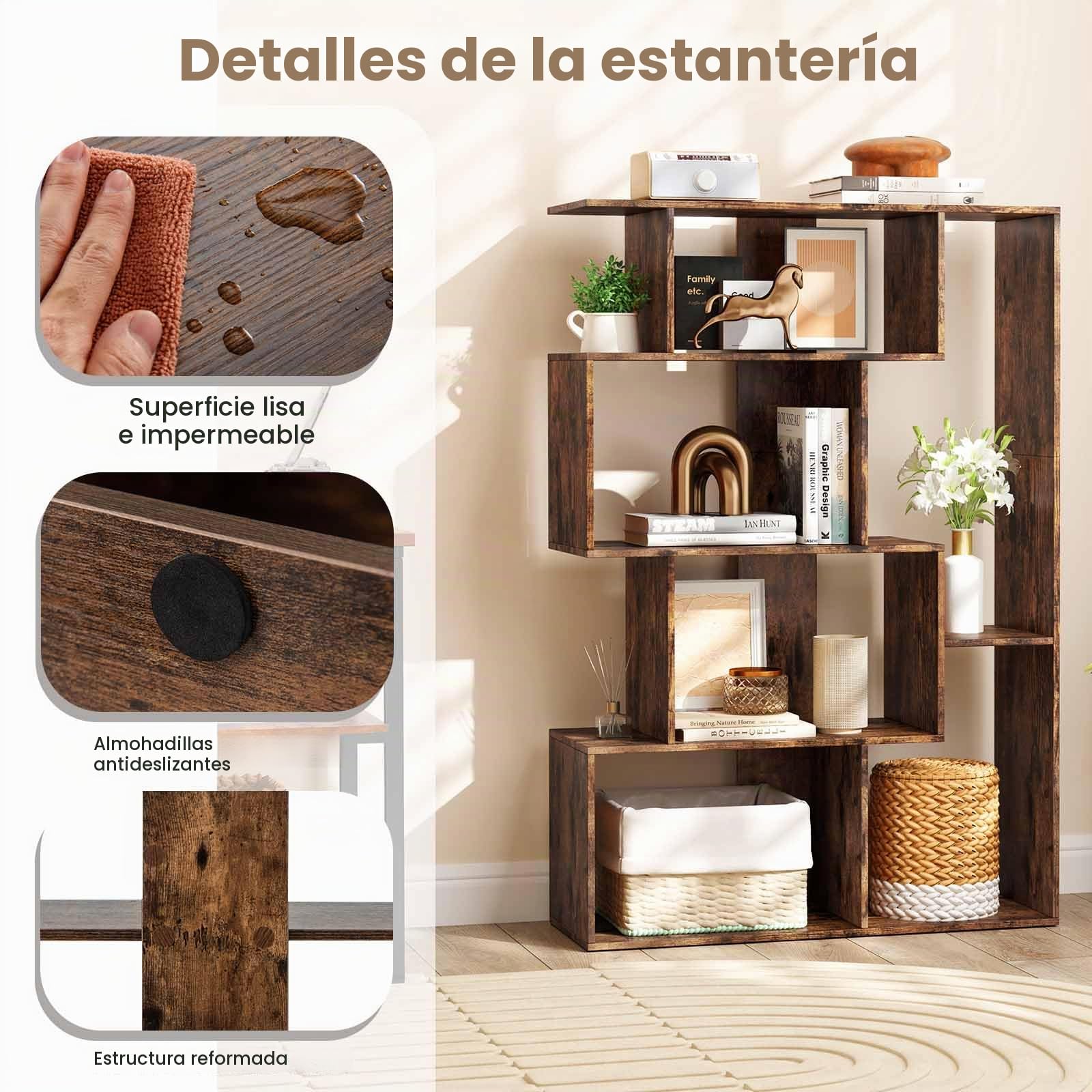HOMASIS Librería con Separador de Espacios en S, Estantería de 6 Cubos, Librería Moderna de Almacenamiento para Sala de Estar, Estudio (Marrón)