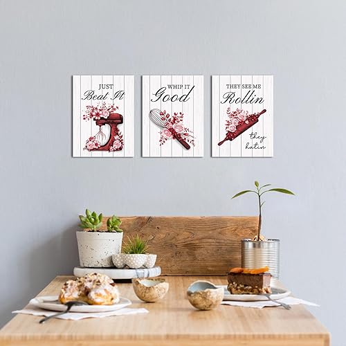 Miniatura 2 de RnnJoile Red Kitchen Decor Funny Kitchen Picture Wall Art Bakery Room Wall Decor Canvas Framed Chef Cooking Gift 12x16inchx3pcs (Red)