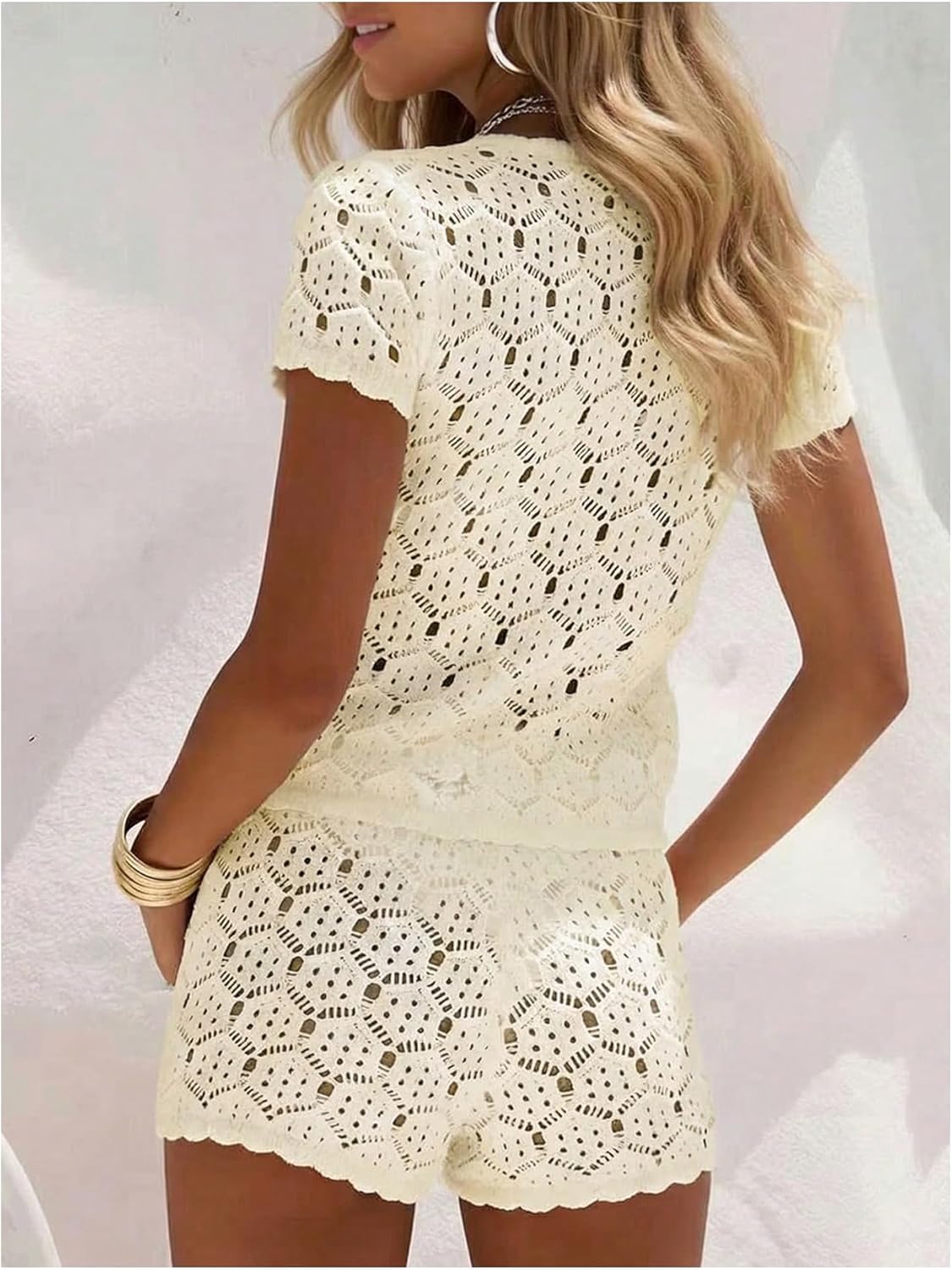 MakeMeChic Women's Crochet 2 Piece Sets Boho Tops Mini Shorts Swimsuit Coverup Beach Vacation Outfits