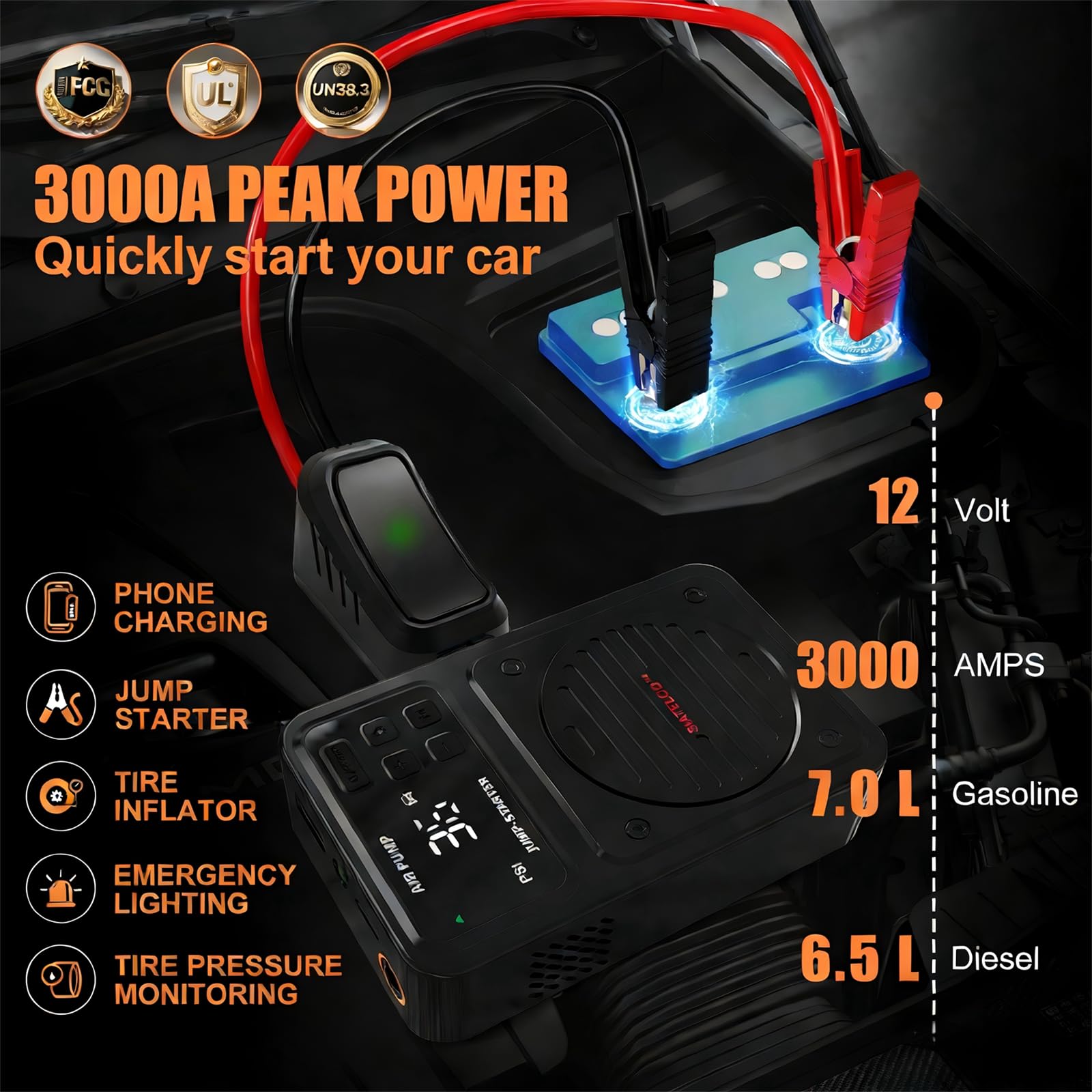 Arrancador portátil de coche de 3000 A con compresor de aire | Para hasta 7.0L de gas / 6.5L Diesel, inflador de neumáticos de 150 PSI, paquete de batería de 20000 mAh, luz LED