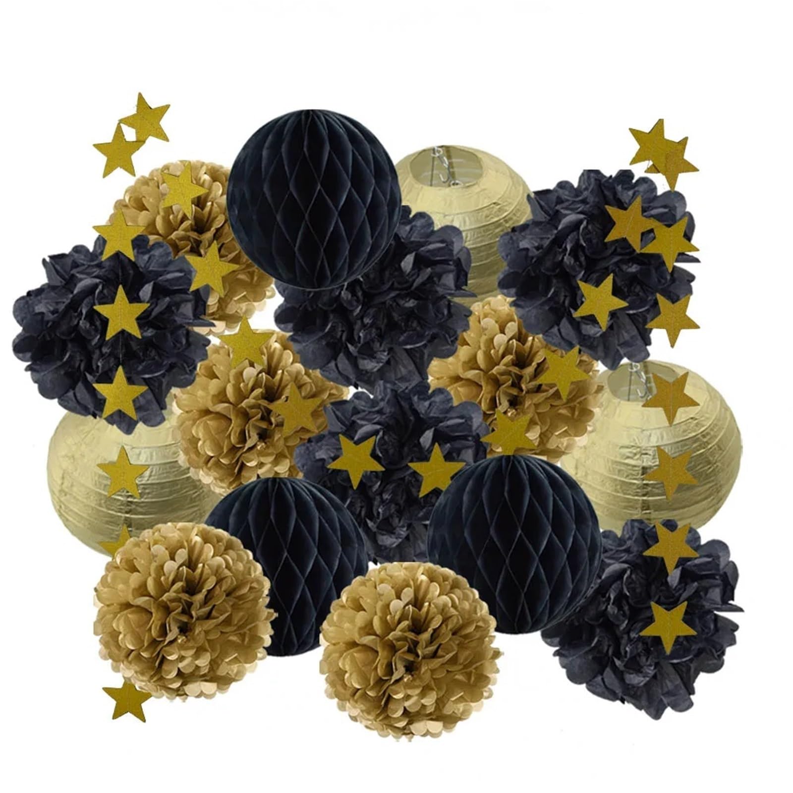 Paper Pom Poms Wedding Ceremony Events Decor Gold Paper Lanterns Honeycomb Red Tissue Pompom for Party Supplies(Gold Black)