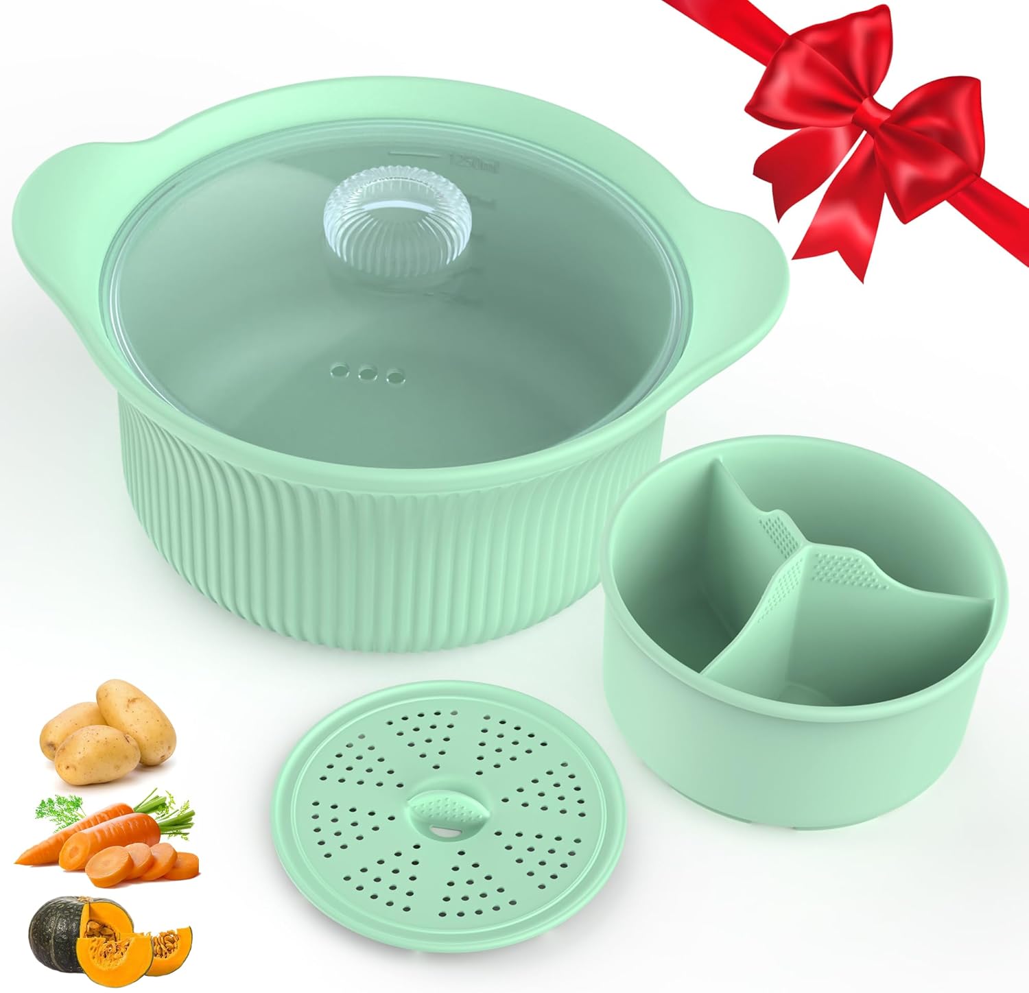 42oz Microwave Silicone Steamer 3 Compartmented for Vegetables/Fish/Baby Food, 4 in 1 Microwave Pot with Handle, Lid, Basket, Recipe ,Oven & Dishwasher Safe, Easy Clean, Korea Design 100% Food Grade (Pink)