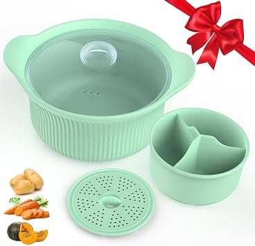 42oz Microwave Silicone Steamer 3 Compartmented, 4 in 1 Large Microwave Pot with Handle & Lid for Vegetables/Baby Food, Oven & Dishwasher Safe, Easy Clean,100% Food Grade Steamer Bowl Green