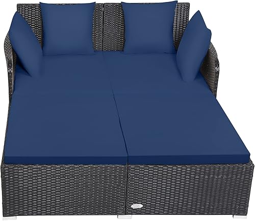 Miniatura 9 de Tangkula - Cama de día de ratán para exterior, mueble de mimbre con asiento espacioso, cojín tapizado y esponja de alta resiliencia, juego de sofá