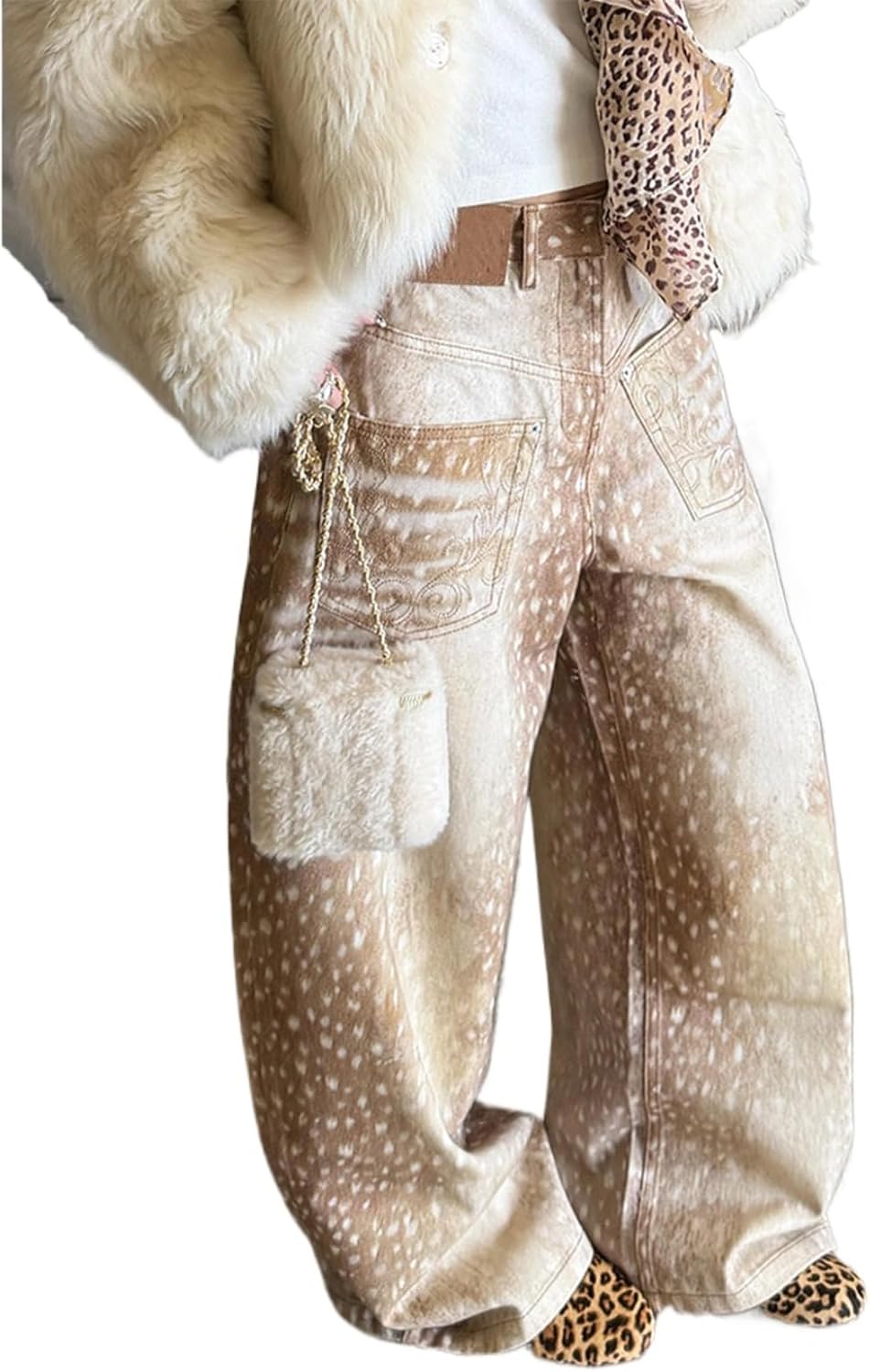 Deer Print Baggy Jeans Y2k Wide Leg Barrel Jeans Women Vintage Cute Pants Whimsy Twee Clothes