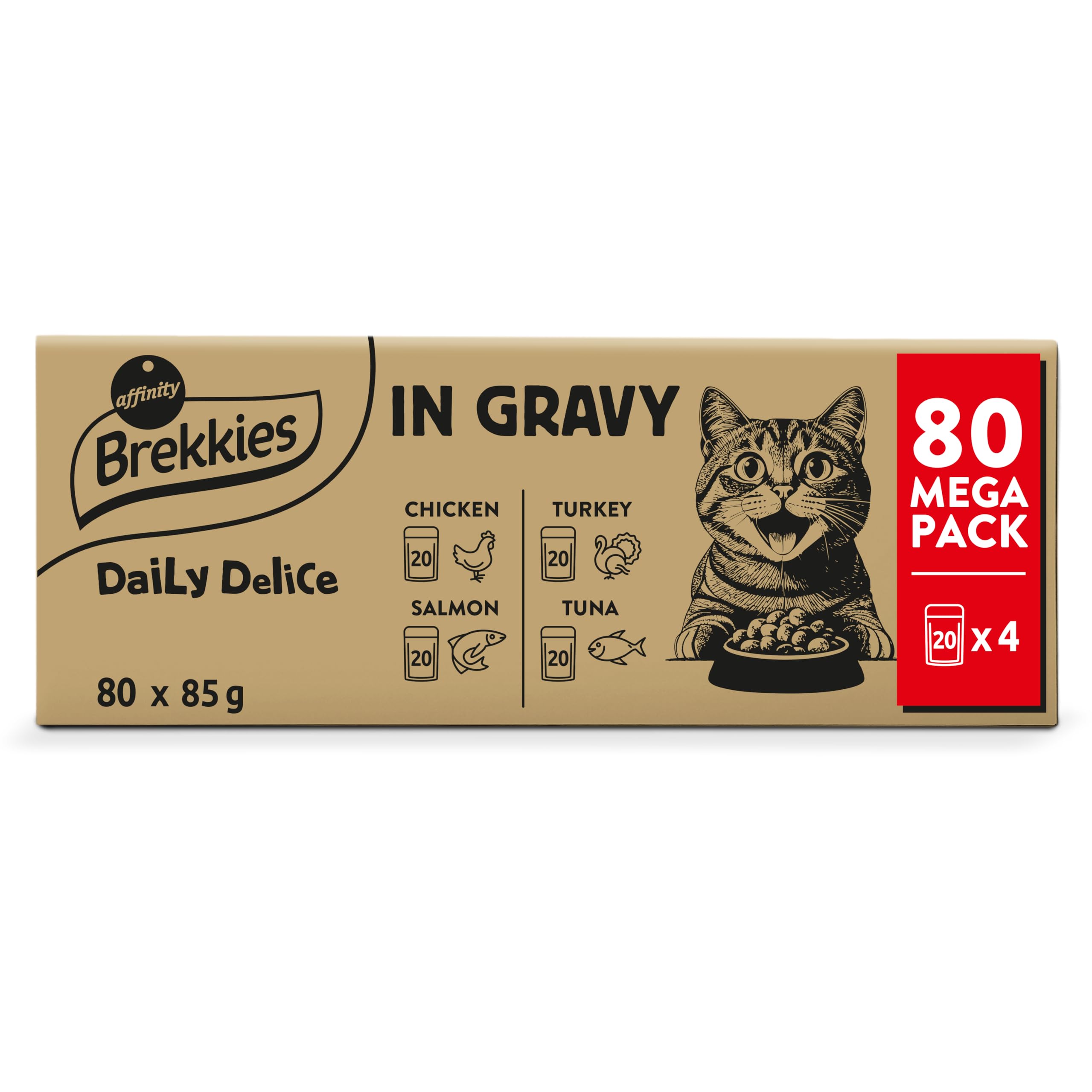 Brekkies Daily Delice Comida Húmeda para Gatos Bocaditos en gelatina (Pollo, Pavo, Salmón y Atún) - Jumbo Pack de 80 x 85g