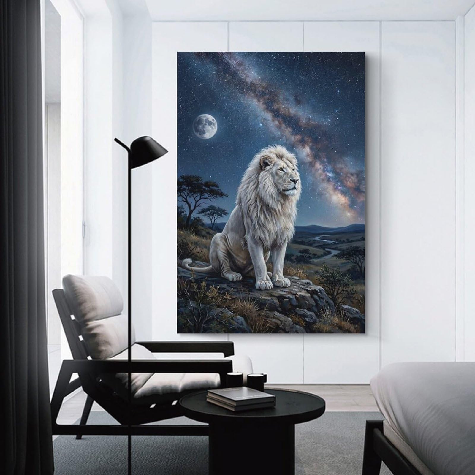 Junmoney Majestic White Lion Under The Milky Way Hanging Wall Art, 24x36inch(60x90cm), for New Homes, Bedrooms Or Workspaces, Thoughtful Wall Decor for Art Lovers