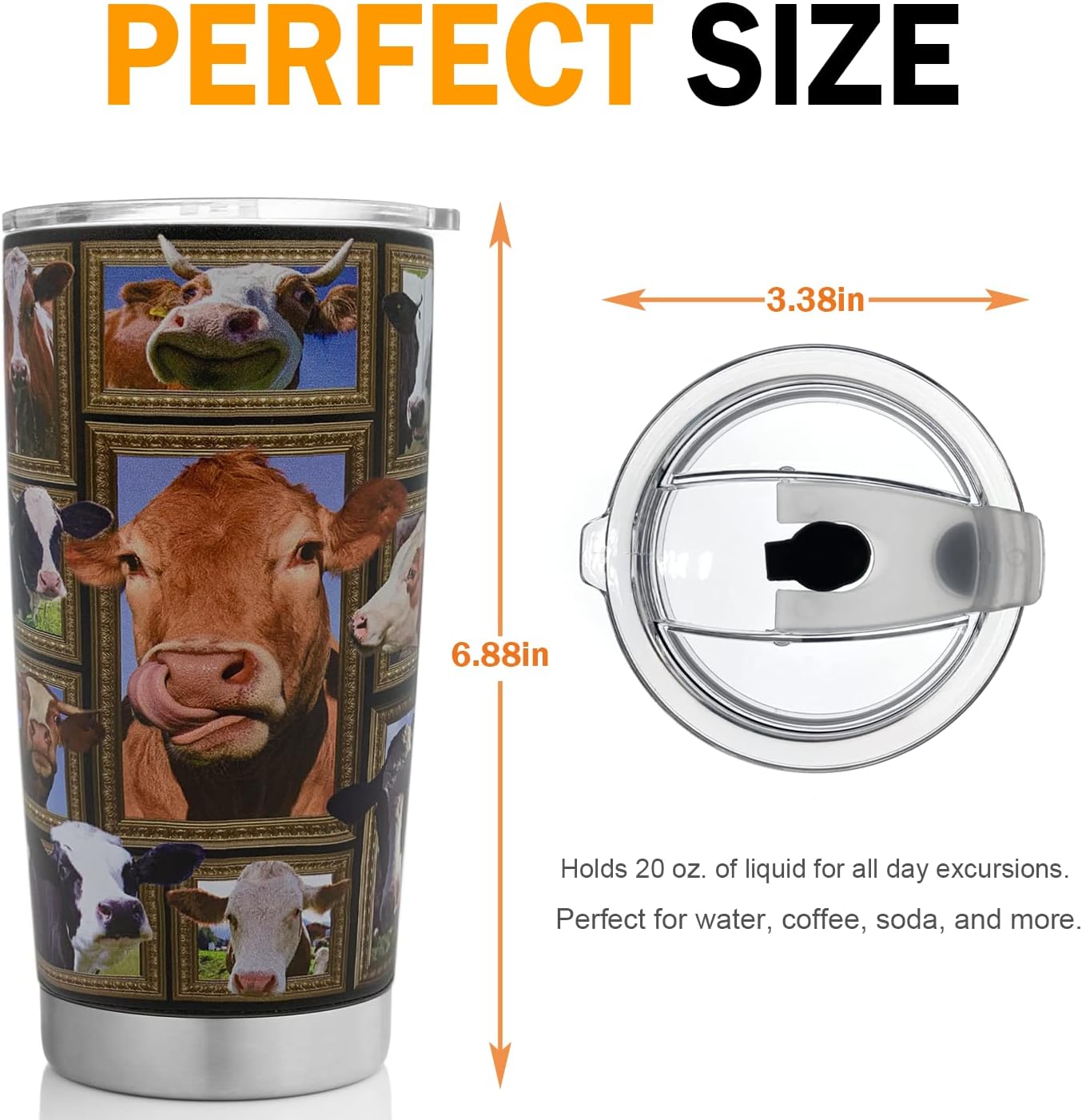 Cow Tumbler Cup with Lid Spill Proof Iced Coffee Travel Mug Insulated Stainless Steel Water Bottle 20 Oz Cold Drink Thermal Cups