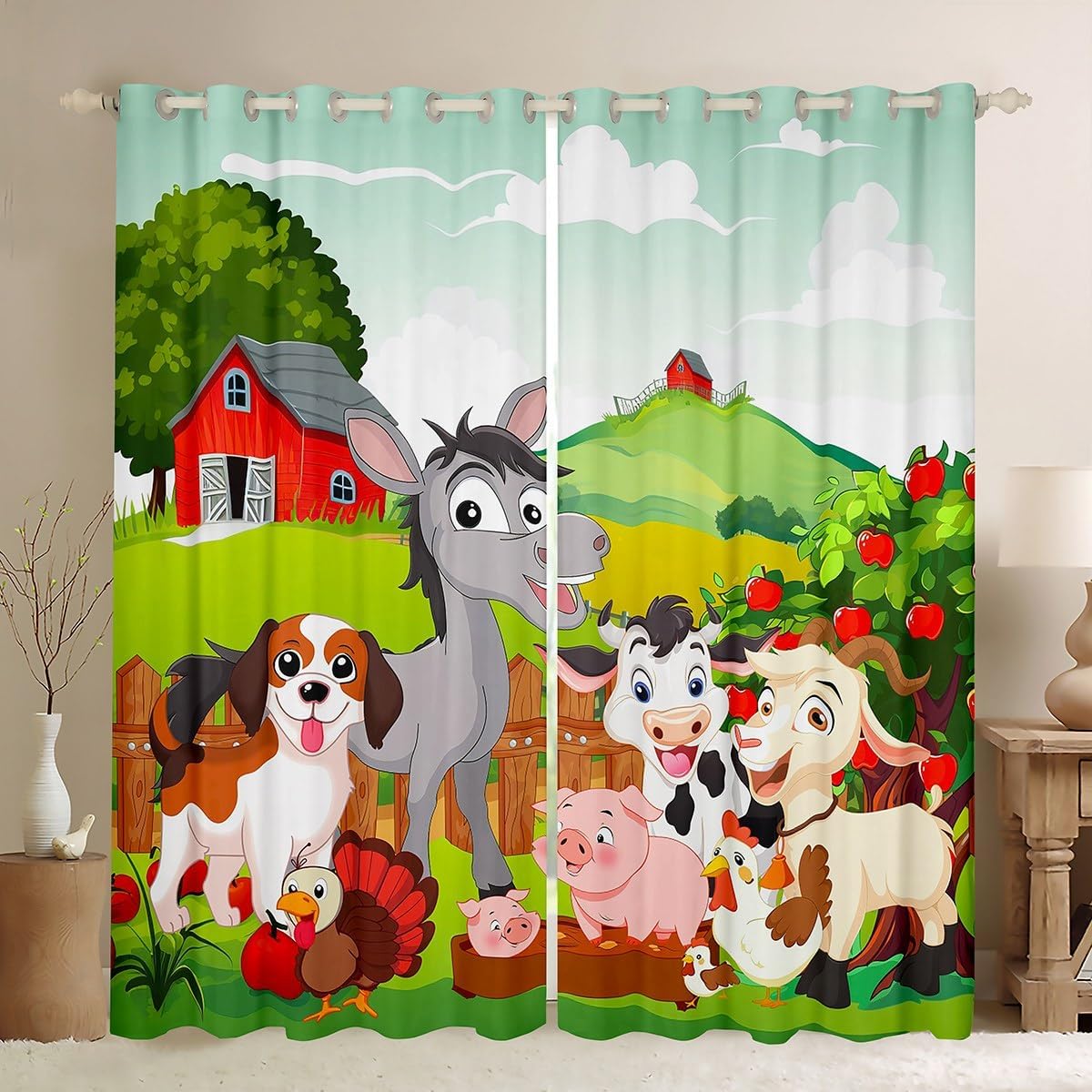 Cute Farm Animals Curtains Kids Cartoon Pig Dog Cow Horse Window Curtains for Bedroom Living Room Boys Girls Teens Nature Country Window Drapes Farmhouse Rustic Window Treatments,42x63 Inche