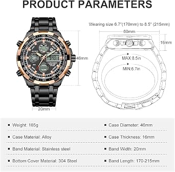 Luxury Fashion Men's Watches Stainless Steel Heavy Bullet Sport Chronograph Waterproof Gold Two Tone Date Alarm Multifunction Analogue Digital Watch