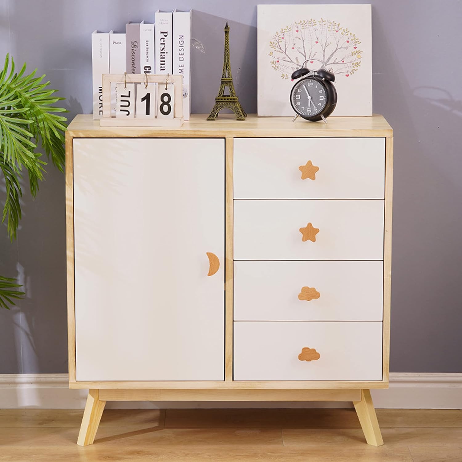 6 Pieces Cabinet Knobs Moon Star Cloud Wood Design Drawer Handles for Home Kitchen Bedroom Wardrobe