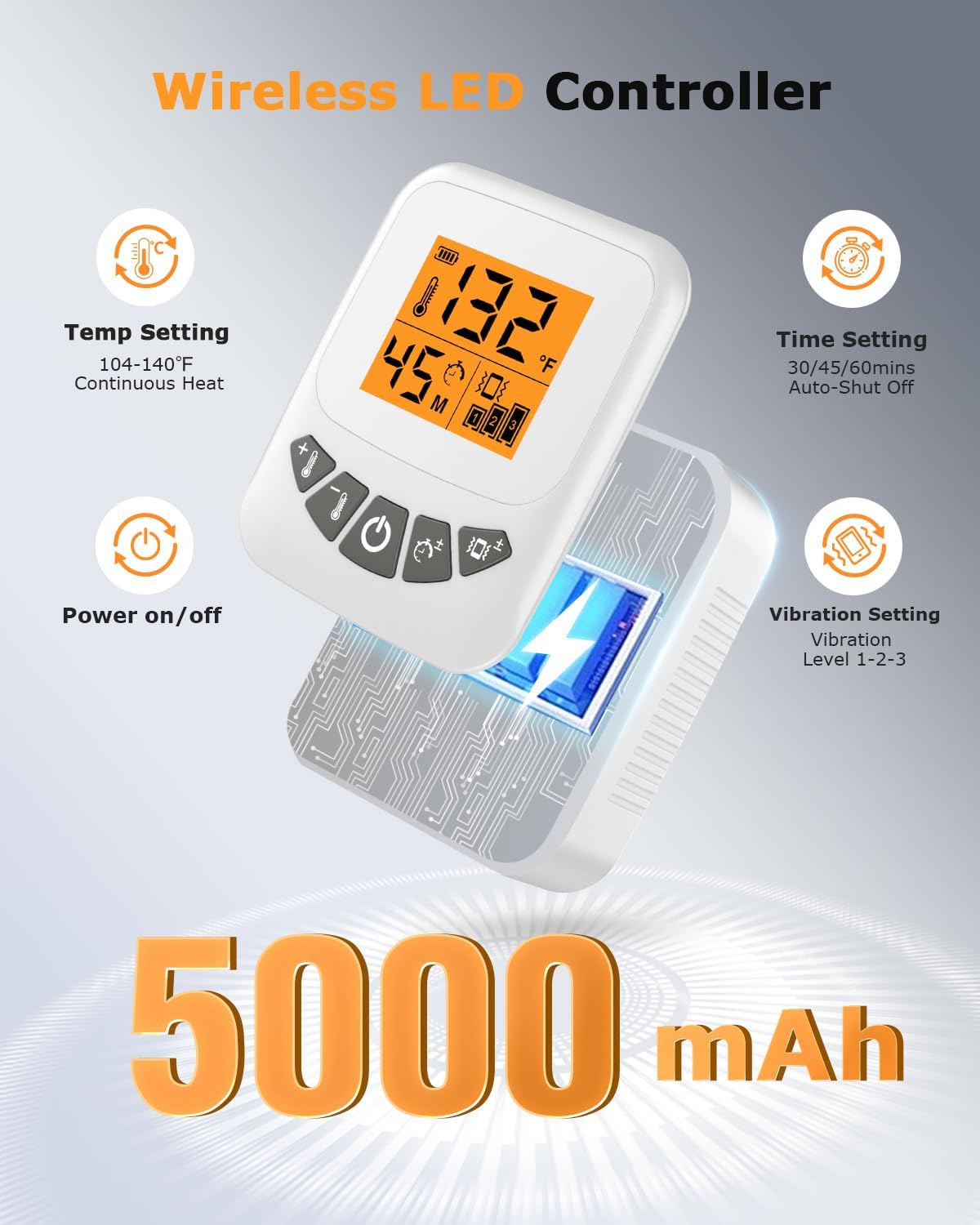 Cordless Leg Massager for Circulation and Pain Relief - 5000mAh Portable Heating Pad for Leg and Calf with 3-Level Vibration Massage, 104-140℉ Adjustable Temperature & 30/45/60 Min Timer - Image 5