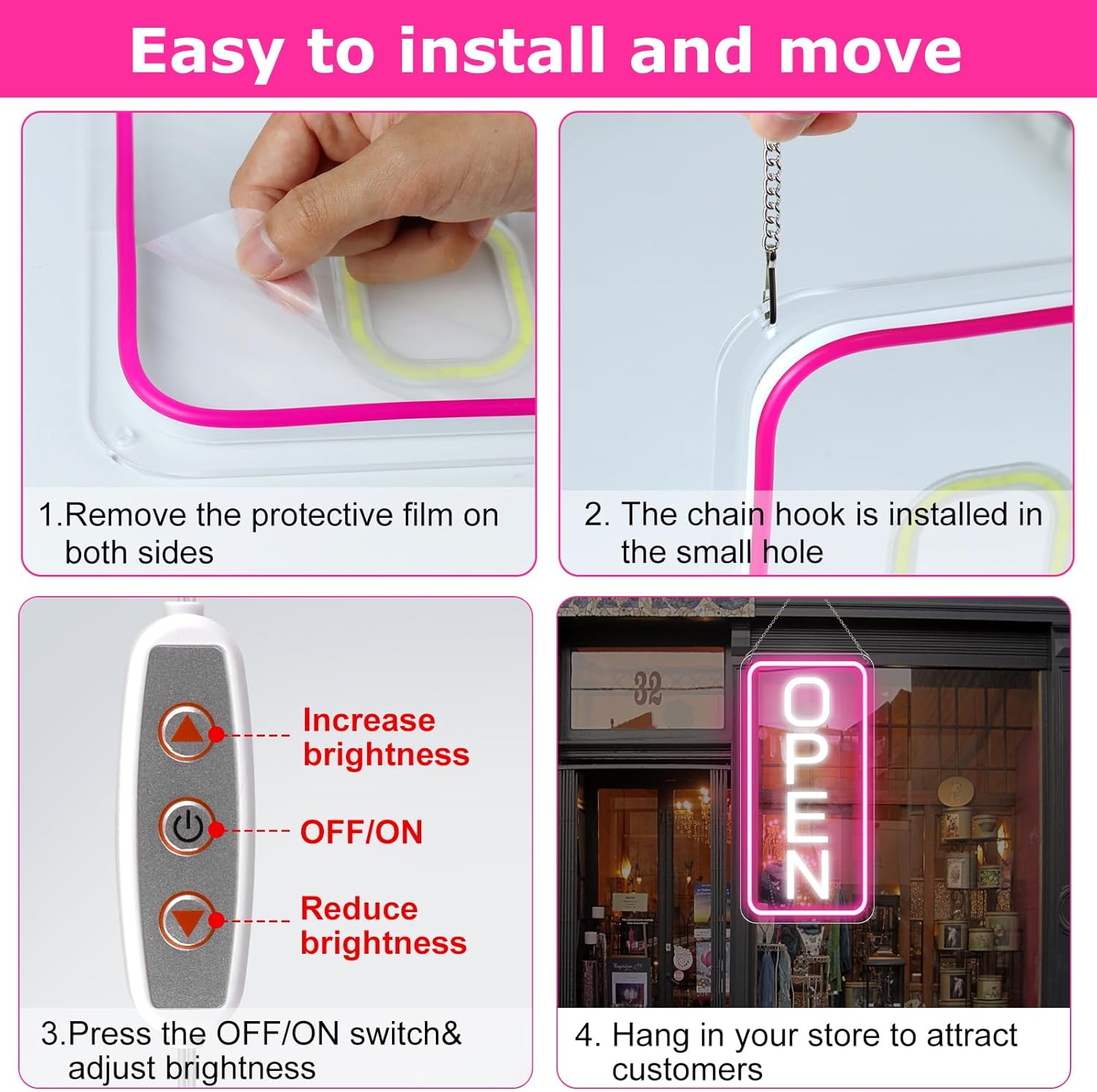 inShareplus 16.5"x 9" Super Bright Open Sign, Dimmable Open Signs for Business, Powered by USB with ON/OFF, Light up LED Open Sign for Coffee Shops, Stores Window (Pink-White) - Image 6