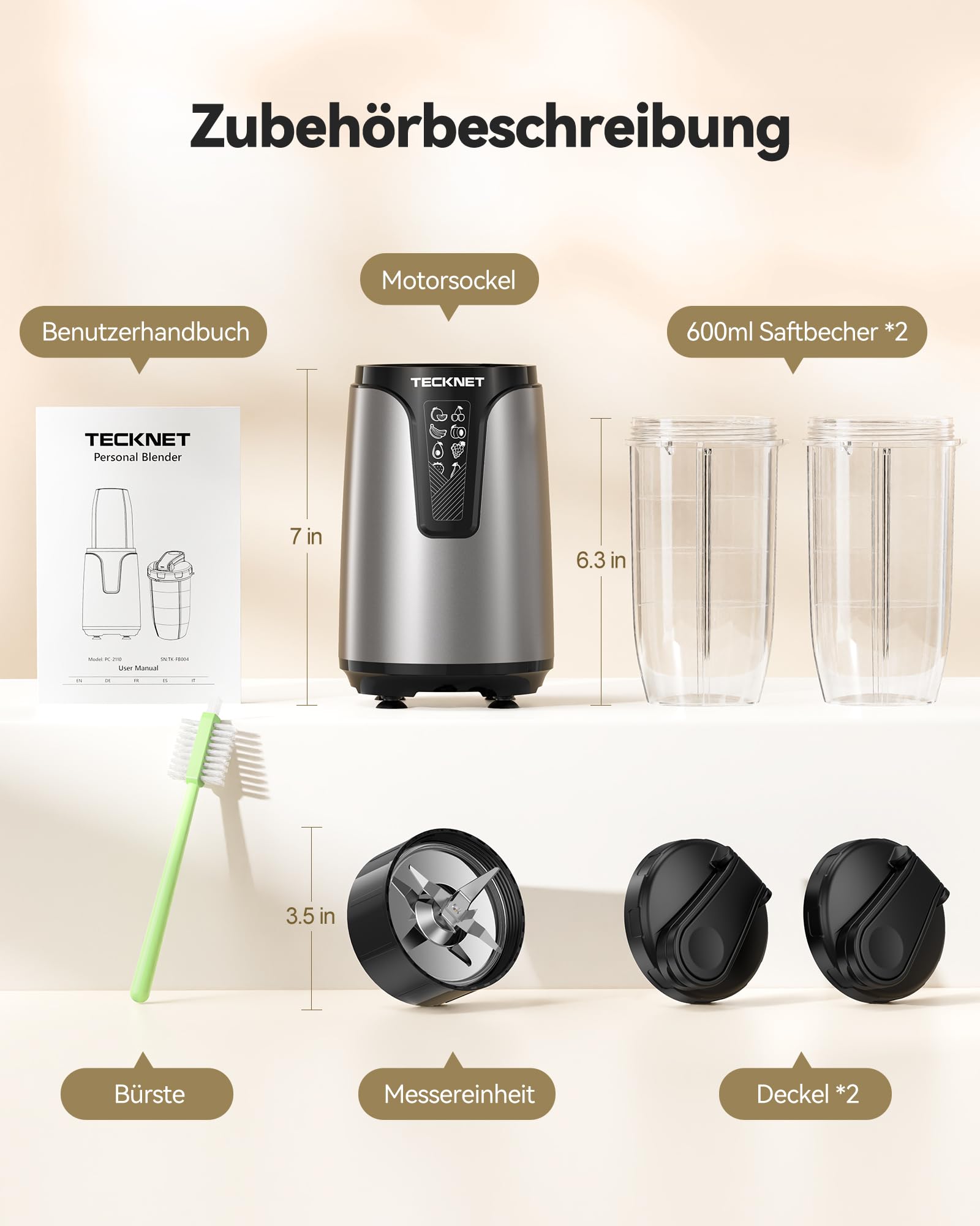 TECKNET 1000W Smoothie Maker, Standmixer mit 2 BPA-freie 600ml Tragbare Becher, Klein mit Kreuzklingen aus Edelstahl 304, Leicht zu Reinigen, Blender Elektrisch für Shake, Smoothie & Babynahrung