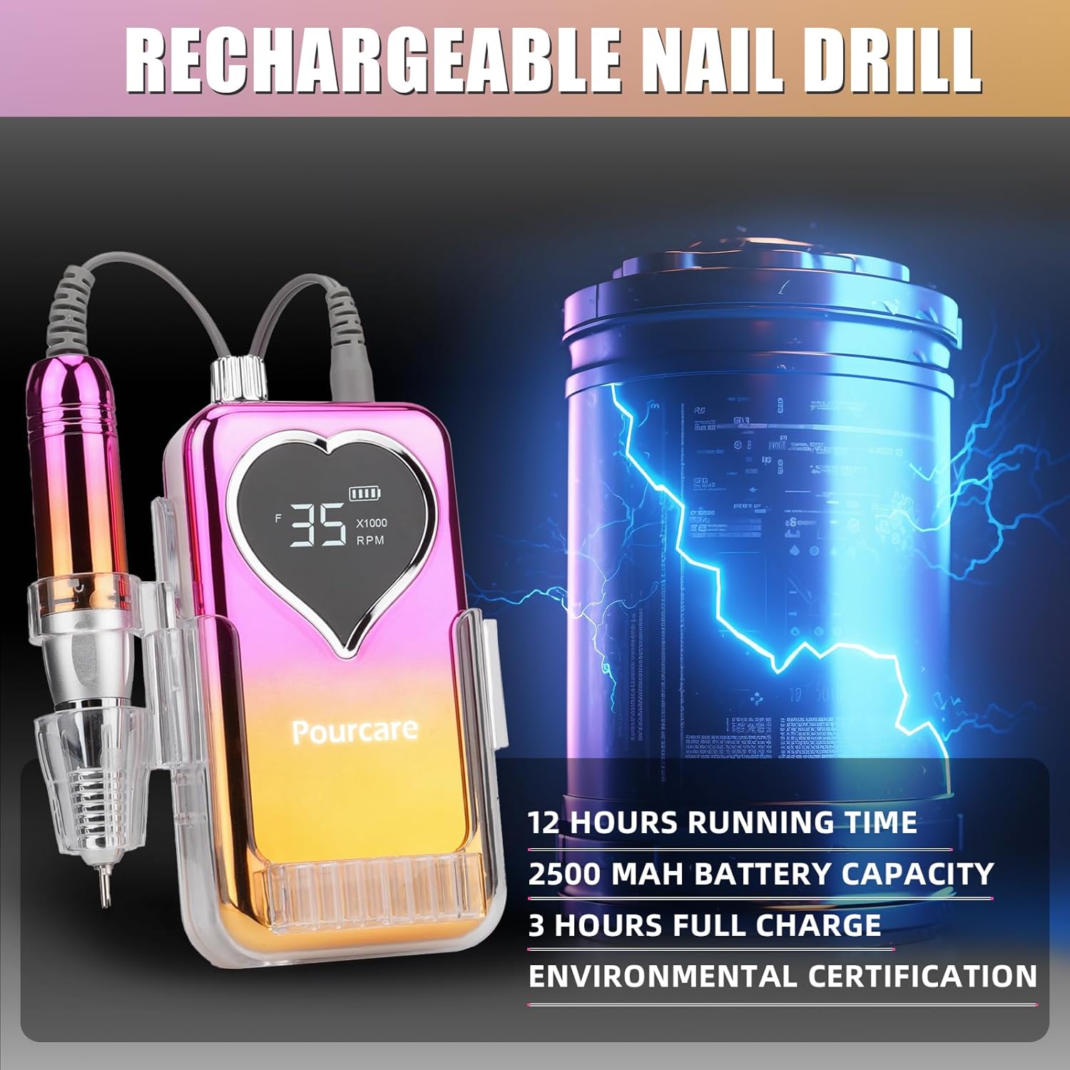 Luxury Nail Art Gift Set: Gold Electric Nail Drill 35000RPM with UV Lamp & Nail Diamonds, Rechargeable Manicure Pedicure Kit (Heart Sunset Gold)