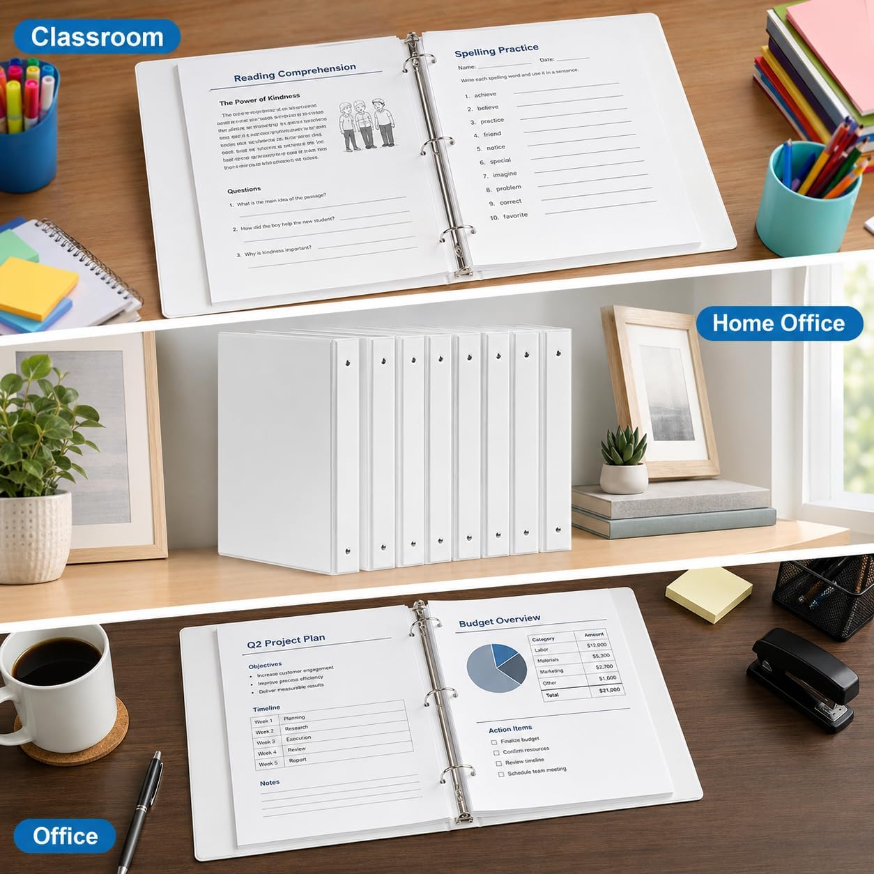 Durable 1 inch 3-Ring Binder, 1" Round Ring Binders with 2 Inside Pockets, Basic 1 in Binders, PVC- Free, Clear View Cover 1-inch-Binder Holds 8.5'' x 11''Paper for Office/School/Home（12 Pack, White image 2