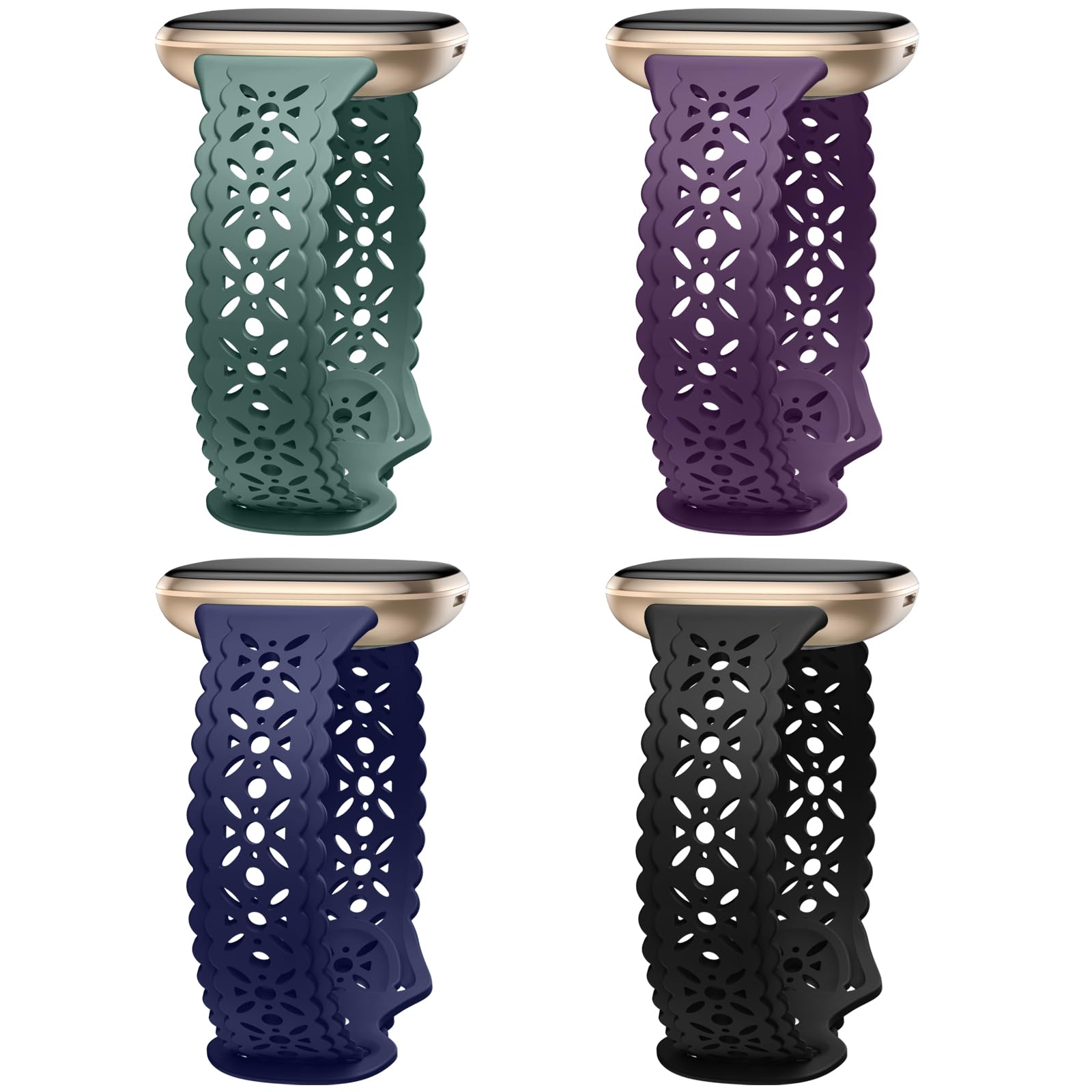 Dirrelo 4 pack Lace Silicone Band Compatible for Fitbit Sense Bands/Fitbit Versa 3 Bands Women/Fitbit Versa 4 Bands/Sense 2 Bands, Soft Ultrathin Hollow-out Sport Watch Strap Replacement Wristbands