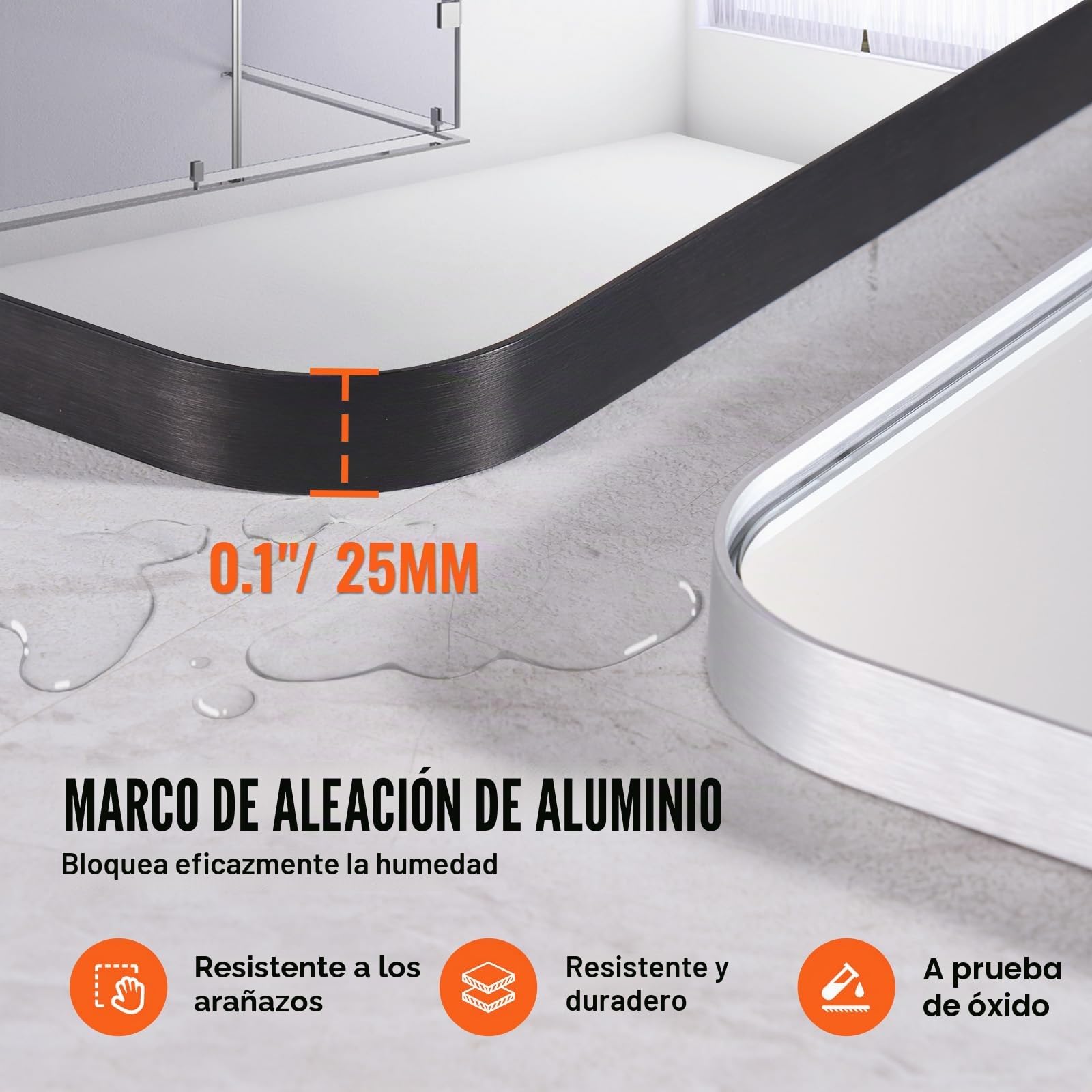VEVOR Espejo de Pared Espejo de Maquillaje Espejo de Baño 915 x 610 x 25 mm Espejo Rectangular Marco de Aleación de Aluminio Negro con Soporte en Forma de Z para Baño Dormitorio Sala de Estar