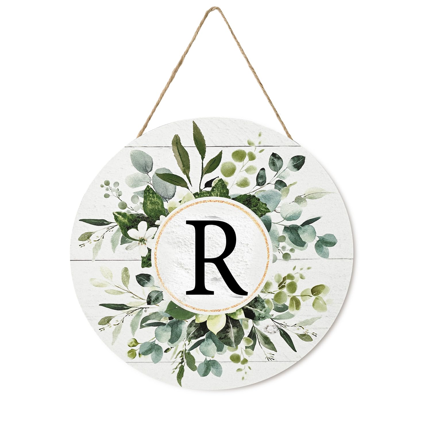 Uśmiech monogram litera R wieńce drewniany znak powitalny, nazwisko rodziny inicjał dekoracja ścienna drzwi wejściowych, kwiatowy wiosna lato ganek rustykalny dom kuchnia dekoracja