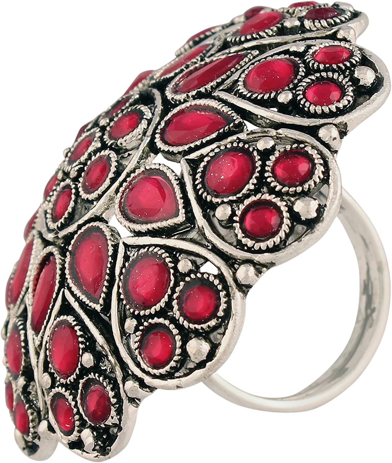 I Jewels Silver Oxidized Indian Wedding Bollywood Green Kundan Work Designer Adjustable Finger Ring for Women (FL206)
