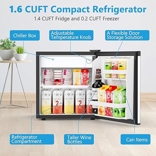 Miniatura 2 de Mini refrigerador de 1.6 pies cúbicos con congelador, refrigerador compacto de una sola puerta reversible, termostato ajustable, ultra silencioso,