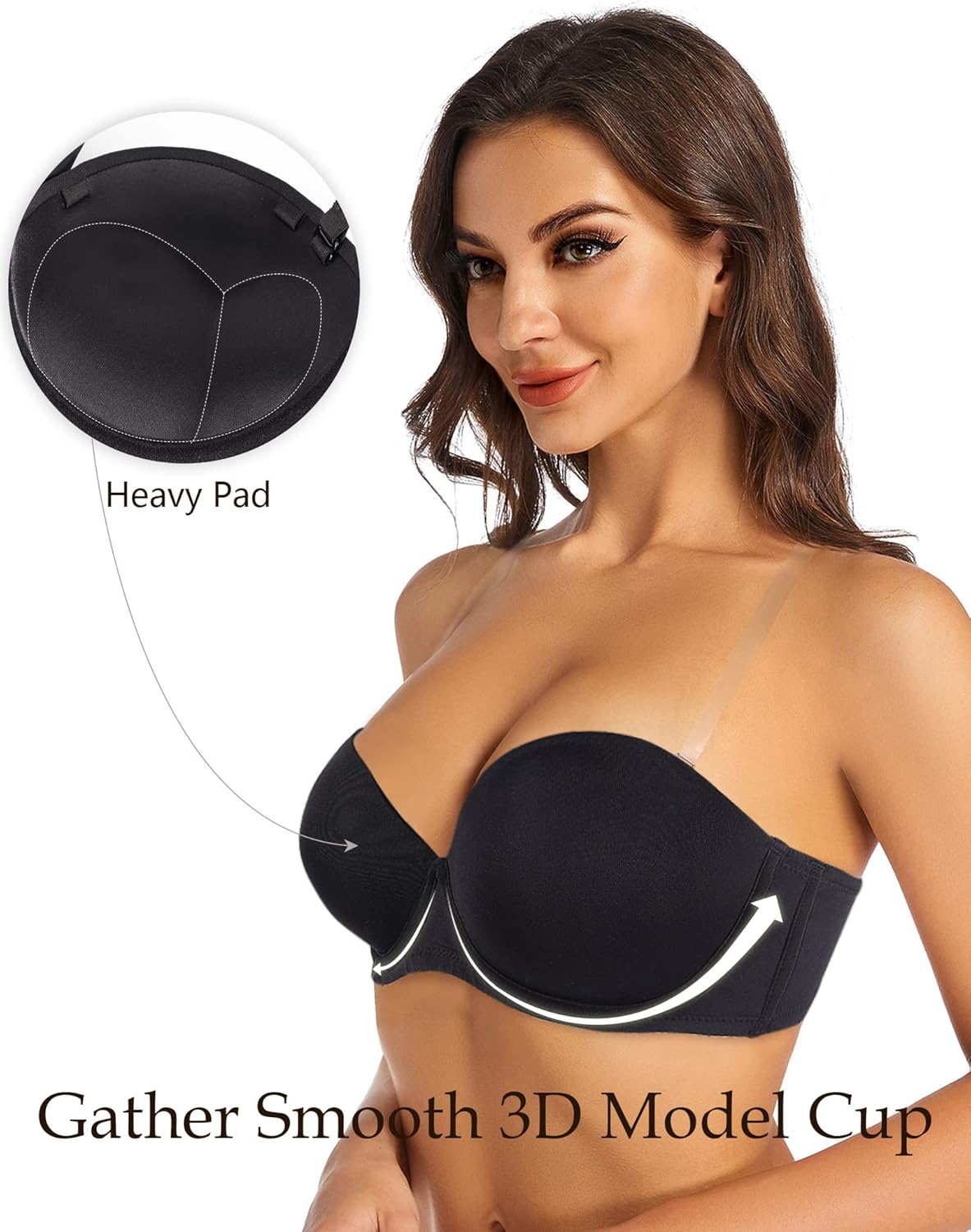 Women's Thick Padded Strapless Push up Bra Lift and Support Convertible Bras with Clear Straps - Image 3