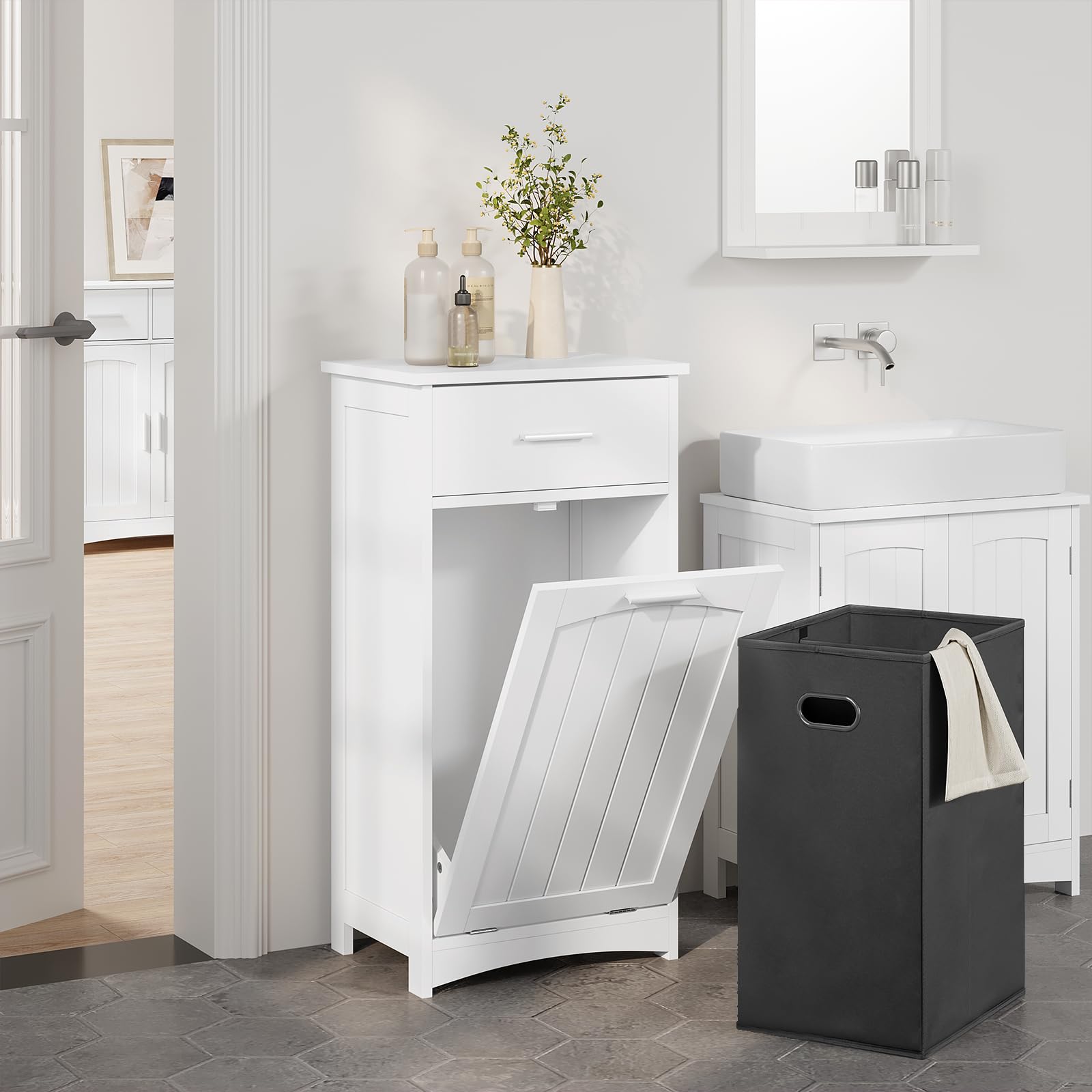 EUGAD Mobile da Bagno con Portabiancheria, Cesto Portabiancheria, Mobiletto da Bagno con Cassetto, Portabiancheria a 2 Scomparti, in MDF e Tessuto, Bianco, 42x30x82cm