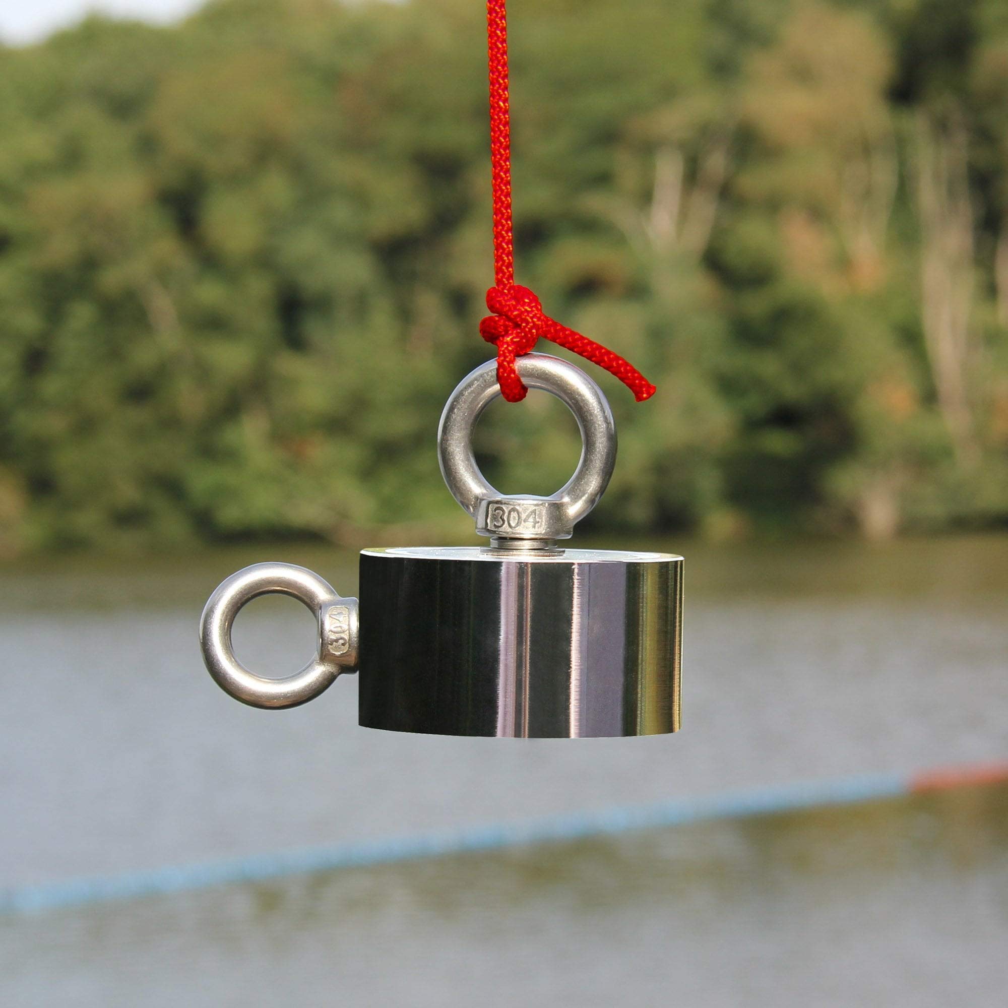 Magnet de Bote de Neodimio N42 Con 1X M10 Y 1X M8 Eyebolt Y 10M Cordida Para Pesca Por Imán, Recuperación Y Caza de Tesoros - 75mm de Diámetro x 25mm - 200kg
