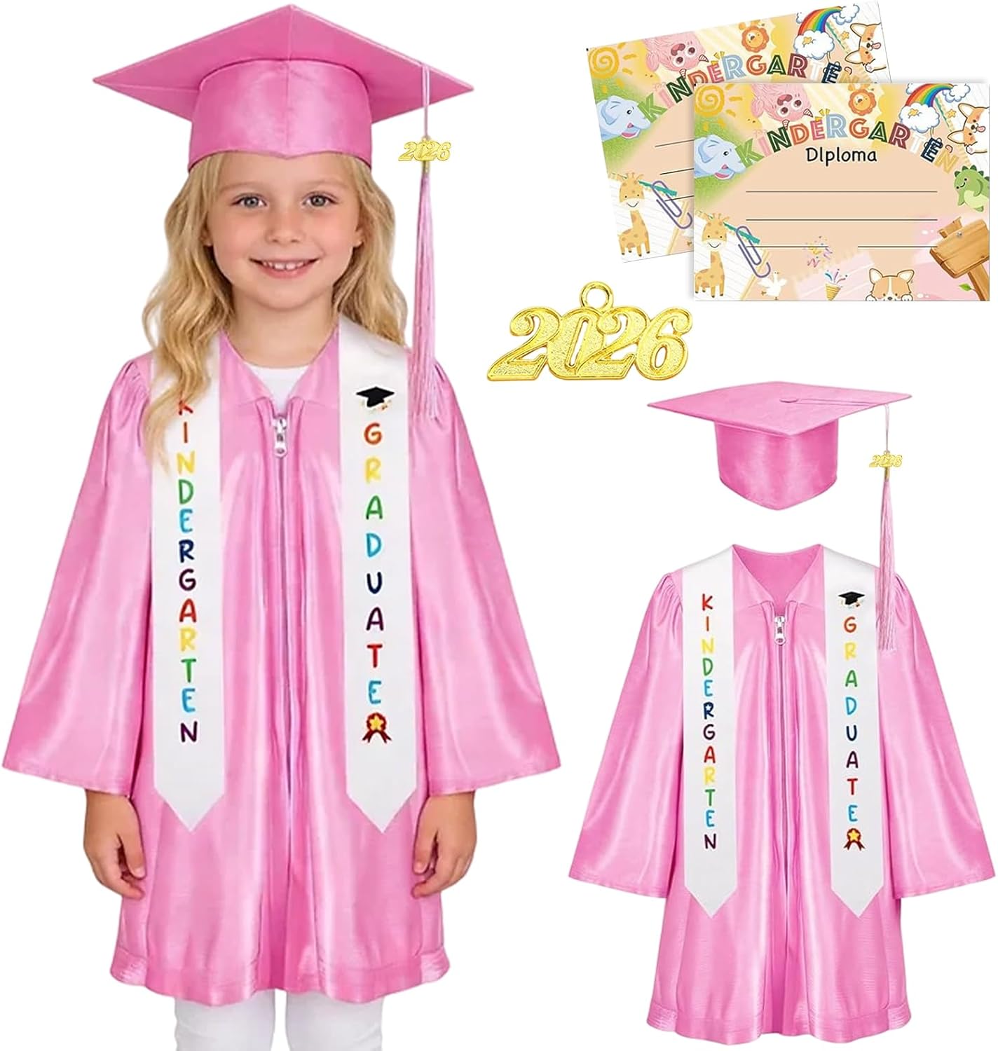 Pink Kindergarten Graduation Gown Cap Set with 2026 Tassel,Kindergarten Stole and Certificate for Kindergarten