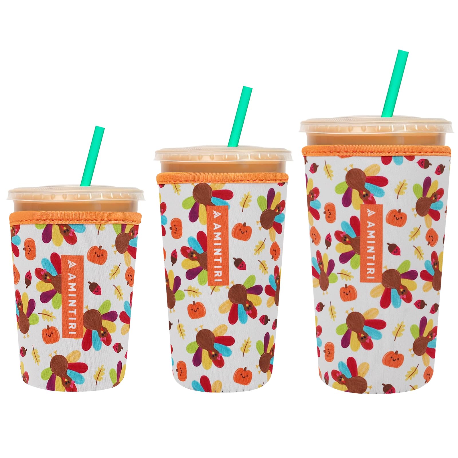 3 Pack Reusable Sleeve for Iced Coffee Cup, Coffee Neoprene Sleeve for Iced&amp;Hot Drinks, Coffee Sleeve Compatible with Starbucks, Dunkin Coffee Cup. (Pumpkin&amp;Turkey)