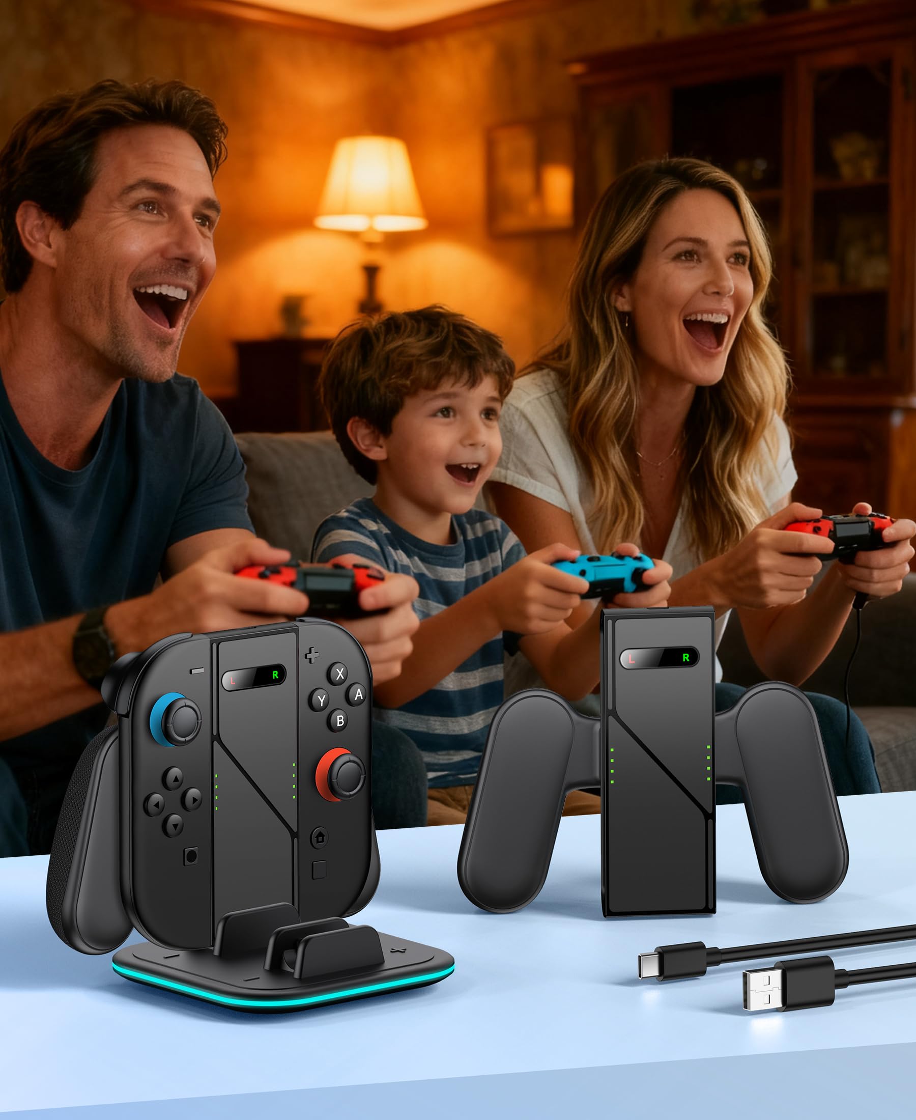 Mango de cargador de mano Joypad 2 en 1 compatible con Nintendo Switch 2 Joy Cons, agarre ergonómico de carga LED para Joypad 2 con cable USB C accesorios de carga
