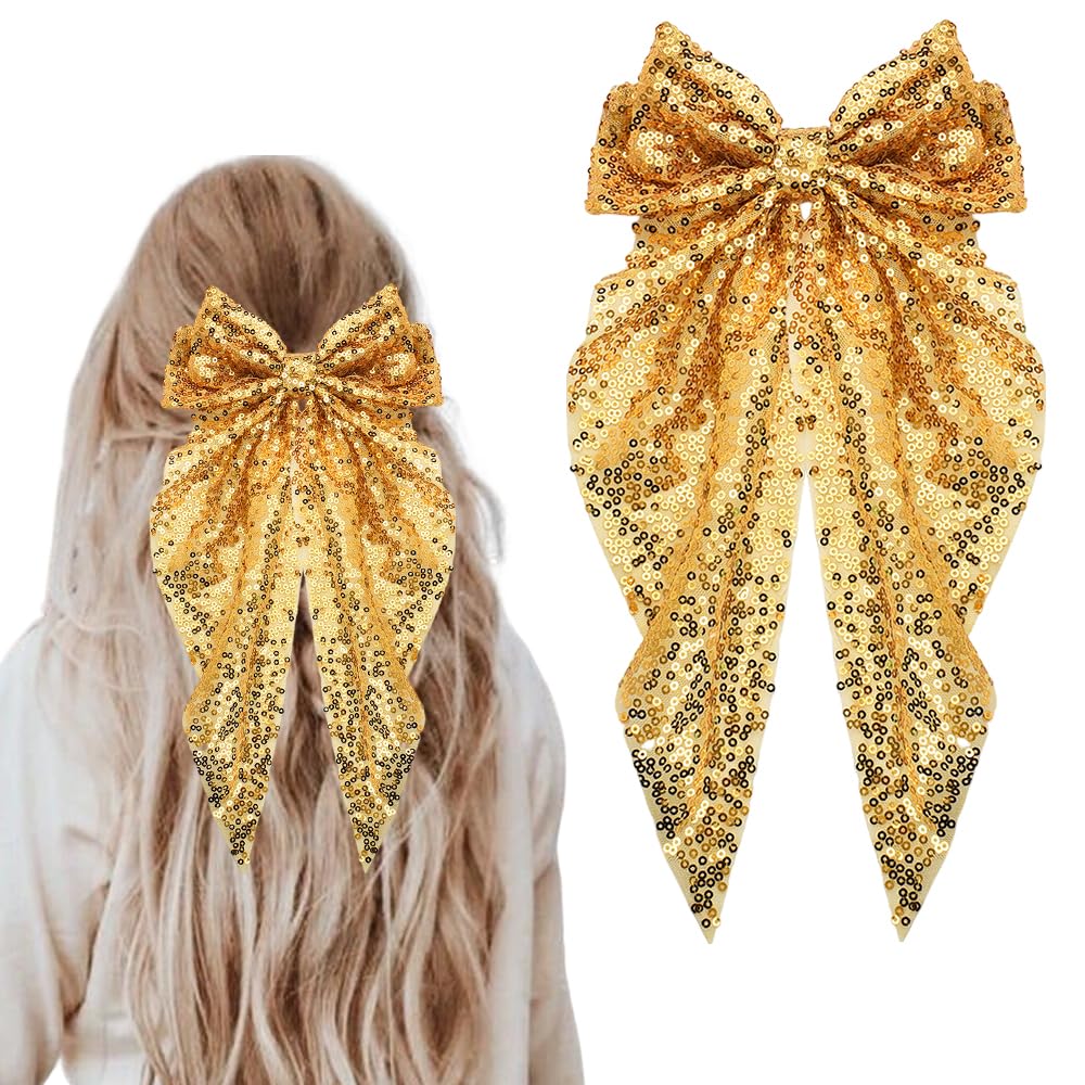 Amazon.com : Gold Hair Bow Clips Barrettes Big Sequin Cheer  display picture 3