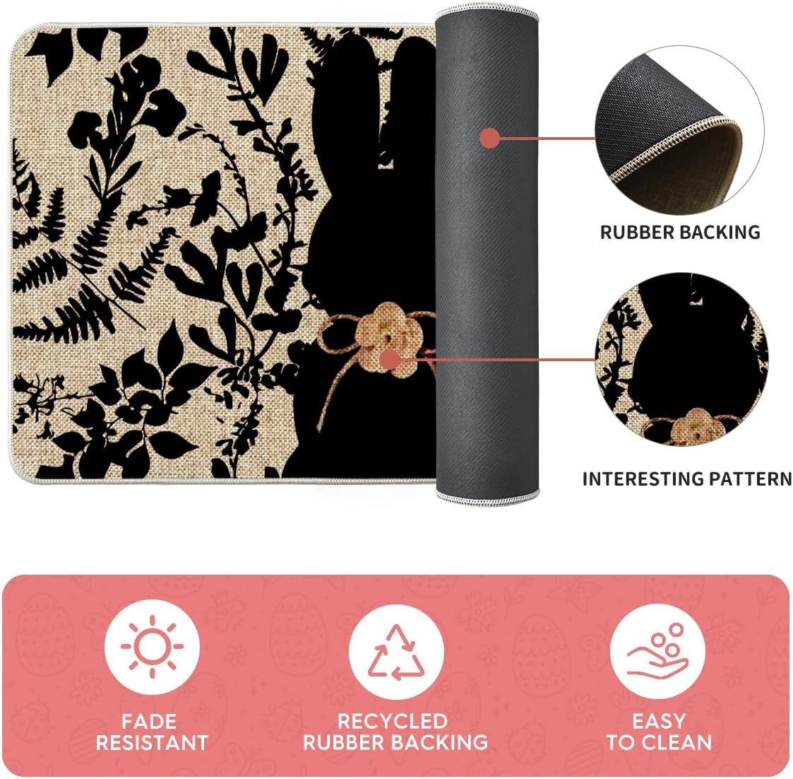 Artoid Mode Black Bunny Egg Leaves Easter Kitchen Mats Set of 2, Spring Home Decor Low-Profile Kitchen Rugs for Floor - 17x29 and 17x59 Inch