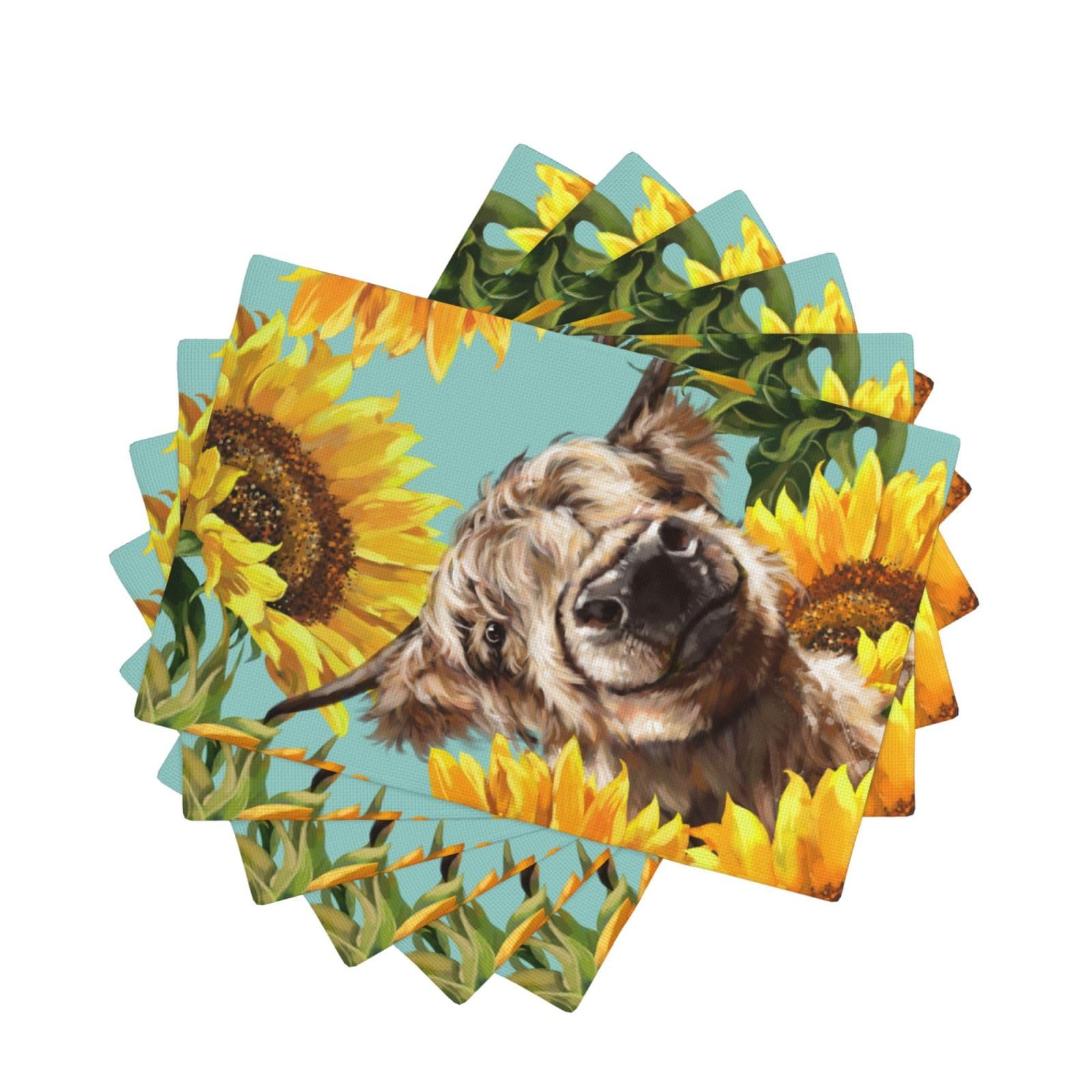 Set de table en lin lavable motif vache tournesols bleus 45x30cm