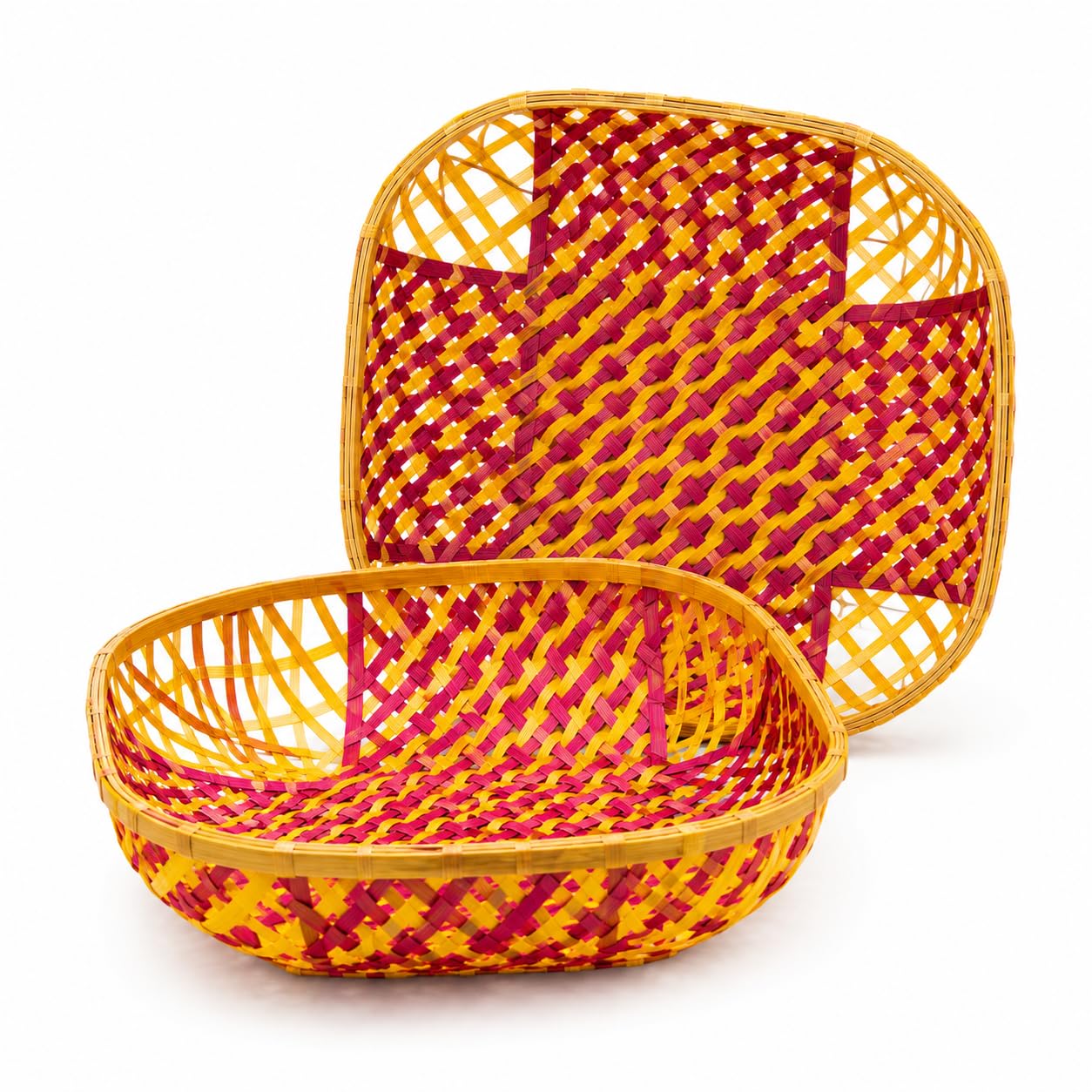 Bhartiye Crafts Tripura Bamboo Storage Basket for Fruits, Puja & Gift Hamper | Multicolor Woven Organizer Basket for Home, Kitchen & Picnic Use (Pack of 2, 9 Inch)-image-7