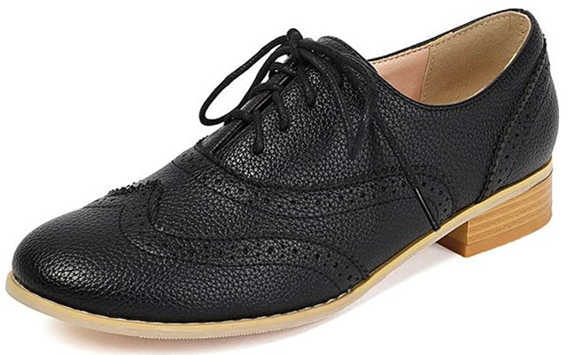 Womens Vintage Oxfords Retro Brogues Shoes Rounded Toe Chunky Lace Up Dress Pumps