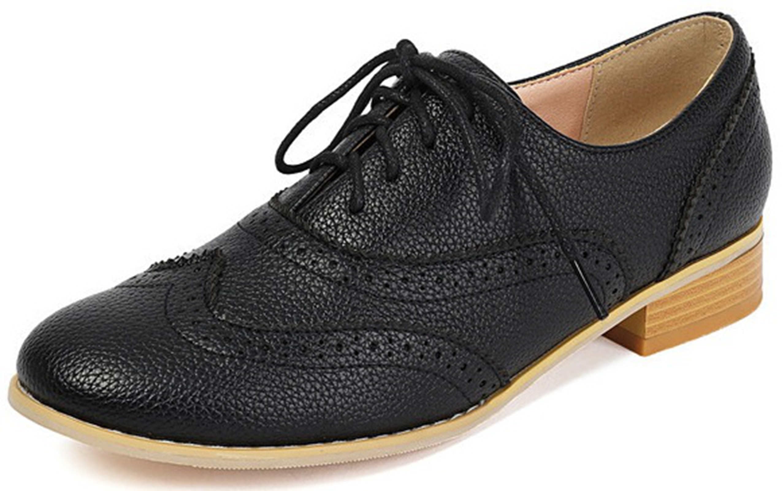 Womens Vintage Oxfords Retro Brogues Shoes Rounded Toe Chunky Lace Up Dress Pumps
