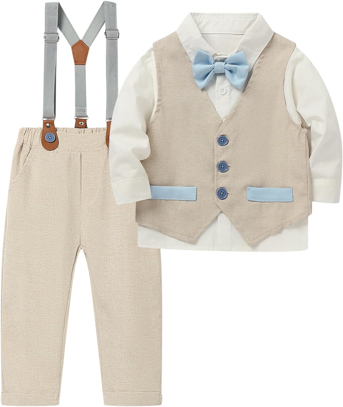 Boys' Formal Suit 4-Piece Dress Shirt Vest Suspender Pants Dresswear Set with Bowtie 12M-6Y