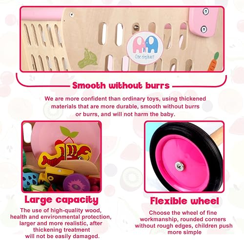 Miniatura 4 de Boczif Carrito de compras de madera para niños, carrito de compras de juguete con comida de simulación, frutas, verduras y accesorios de tienda para