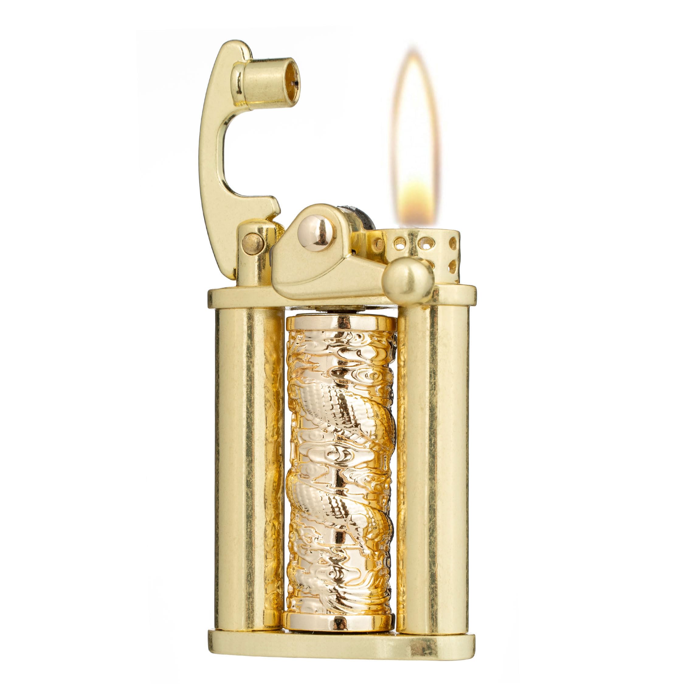 Antique Type Rotatable Dragon Pillar Soft Flame Rocker Arm Petrol Kerosene Lighter (Brass)