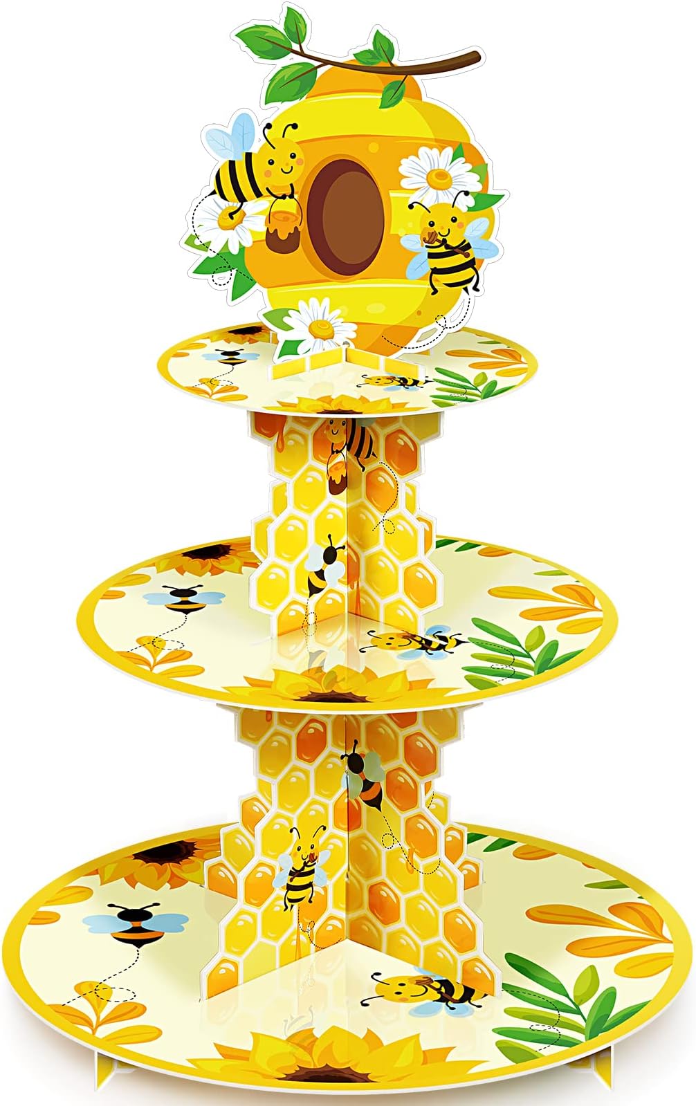 Tiamon 3 Tier Bee Paper Cupcake Stand Holder Sunflower Party Dessert Round Tower Yellow Sturdy Cupcake Pastry Stand for Kids Birthday Baby Shower Decorations Bee Theme Party Supplies